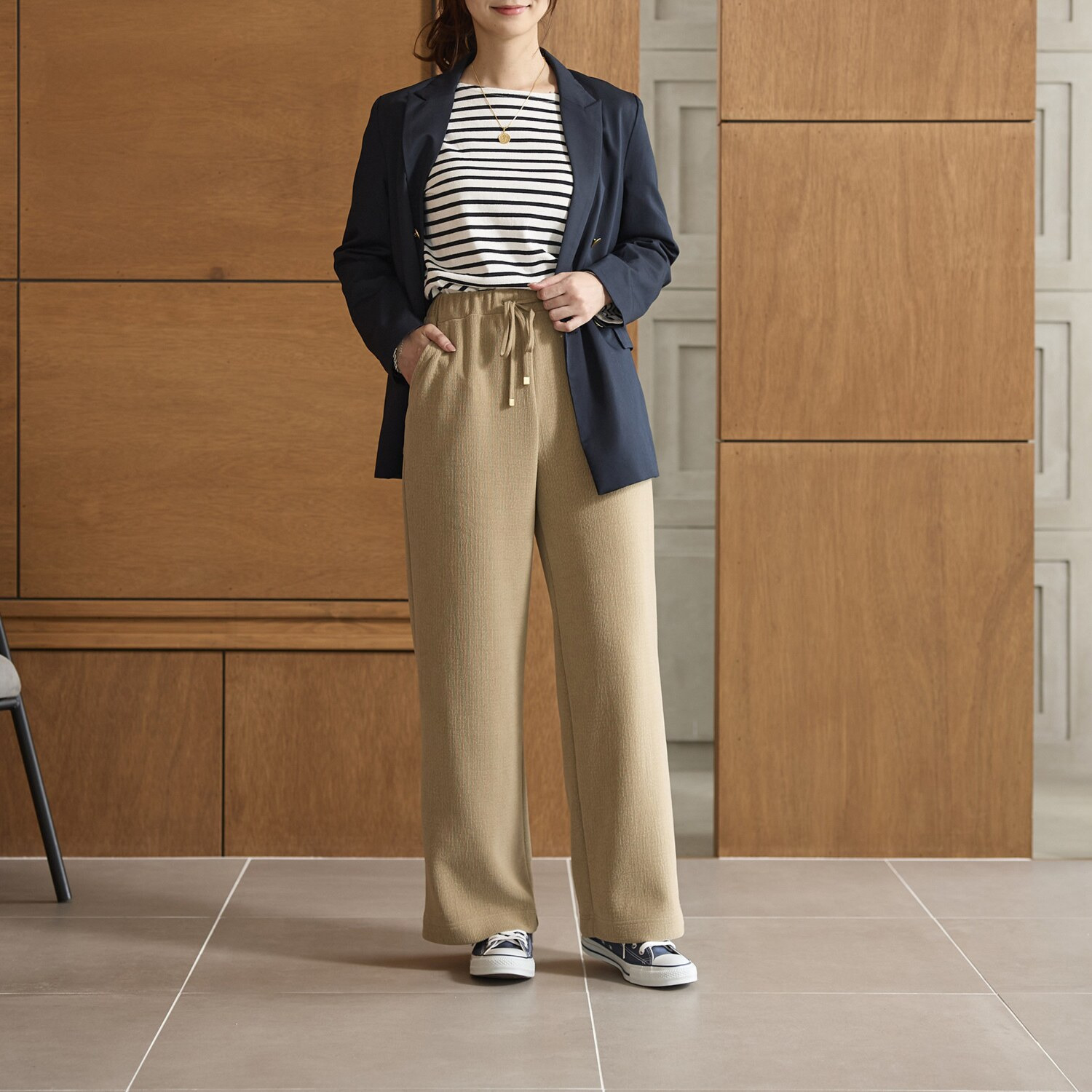 アトリエール メランジ調ニット ドローストリング付 ワイドパンツ