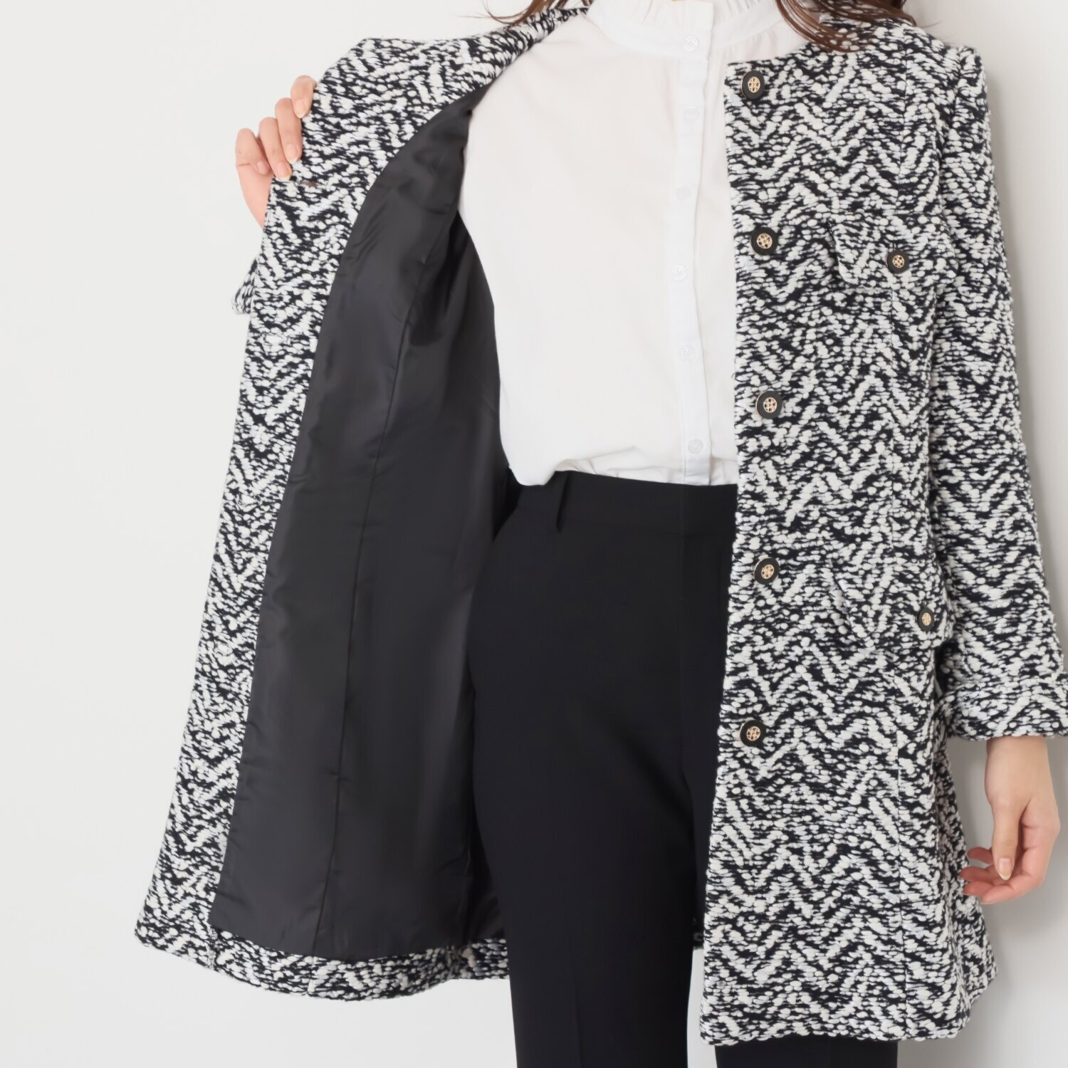 マダムヒロコ イタリア製ツイード ノーカラー コートジャケット