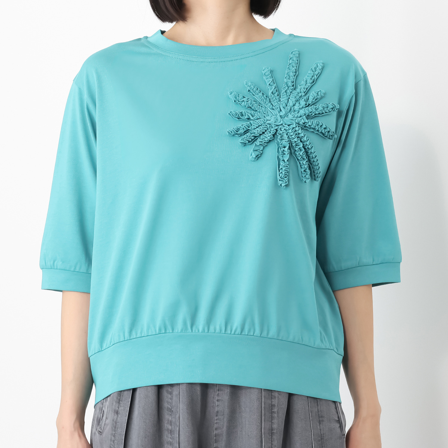 ラヴィーコンフォート ギャザー加工 花火柄アクセント 大人ガーリー 五分袖トレーナー