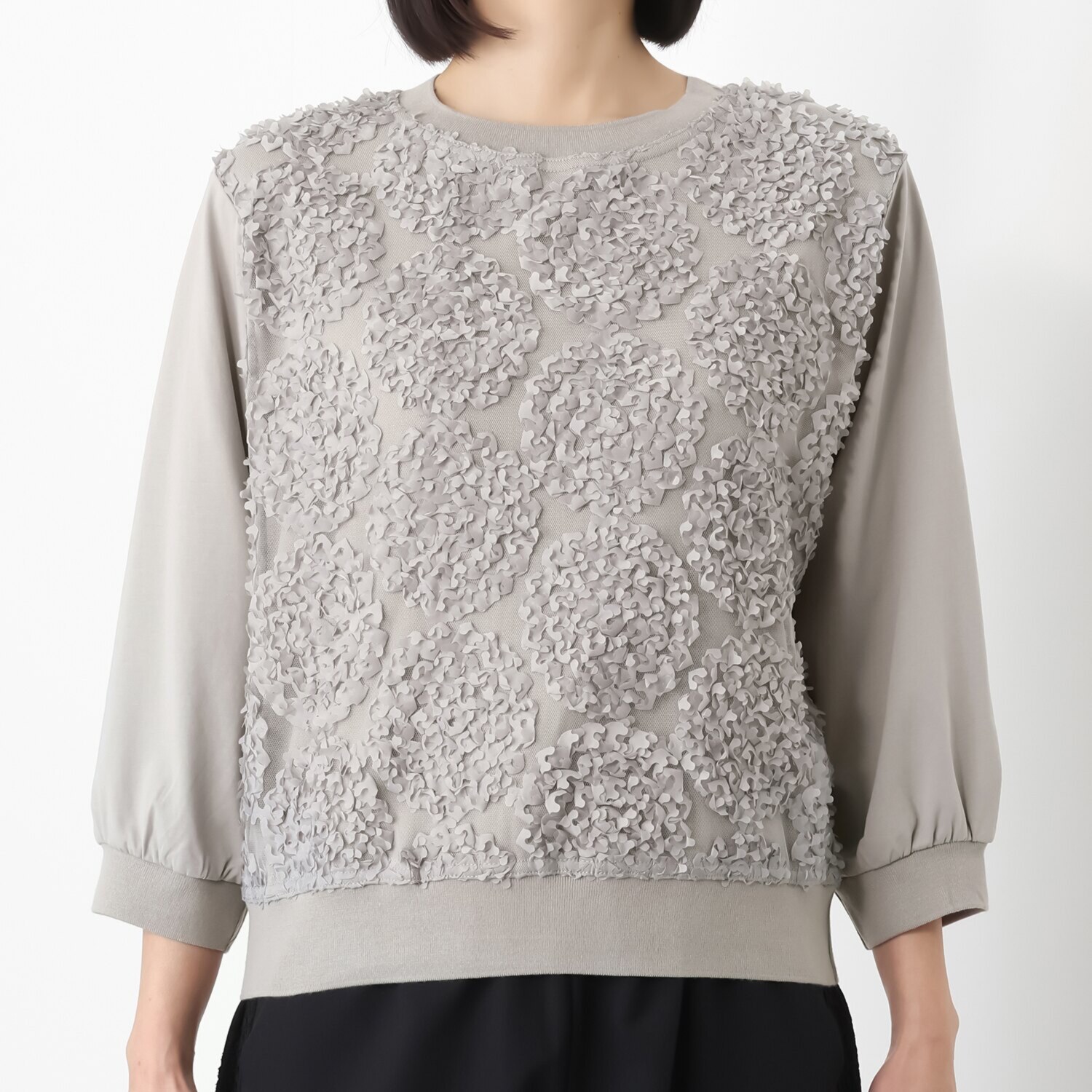 ラヴィーコンフォート サークルレース＆ 異素材ミックス リブアクセント エレガントトレーナー