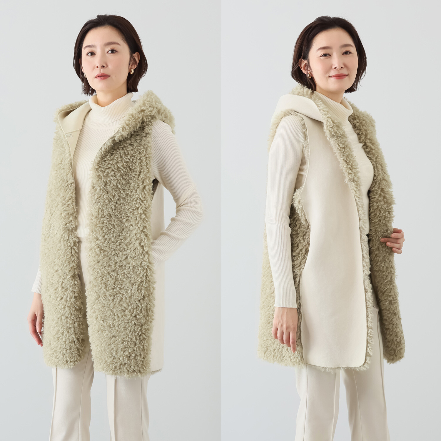 マリエール エコファー フード付 リバーシブル ロングベスト