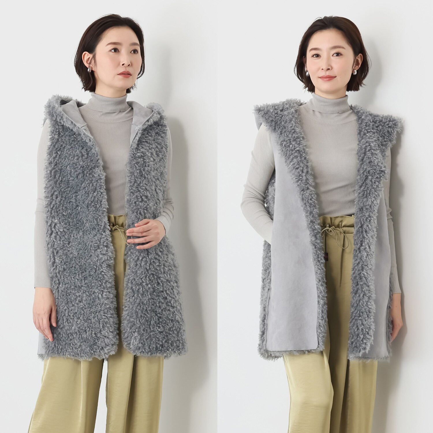 マリエール エコファー フード付 リバーシブル ロングベスト