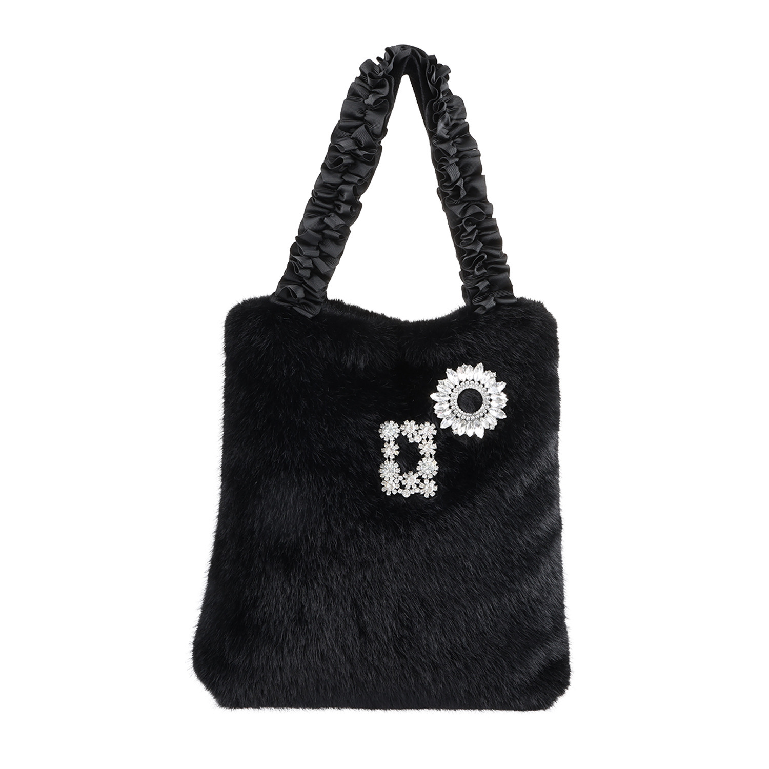 ティエドゥール キラキラブローチ付 ミンク調フェイクファー フリルハンドル トートバッグ