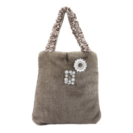 ティエドゥール キラキラブローチ付 ミンク調フェイクファー フリルハンドル トートバッグ