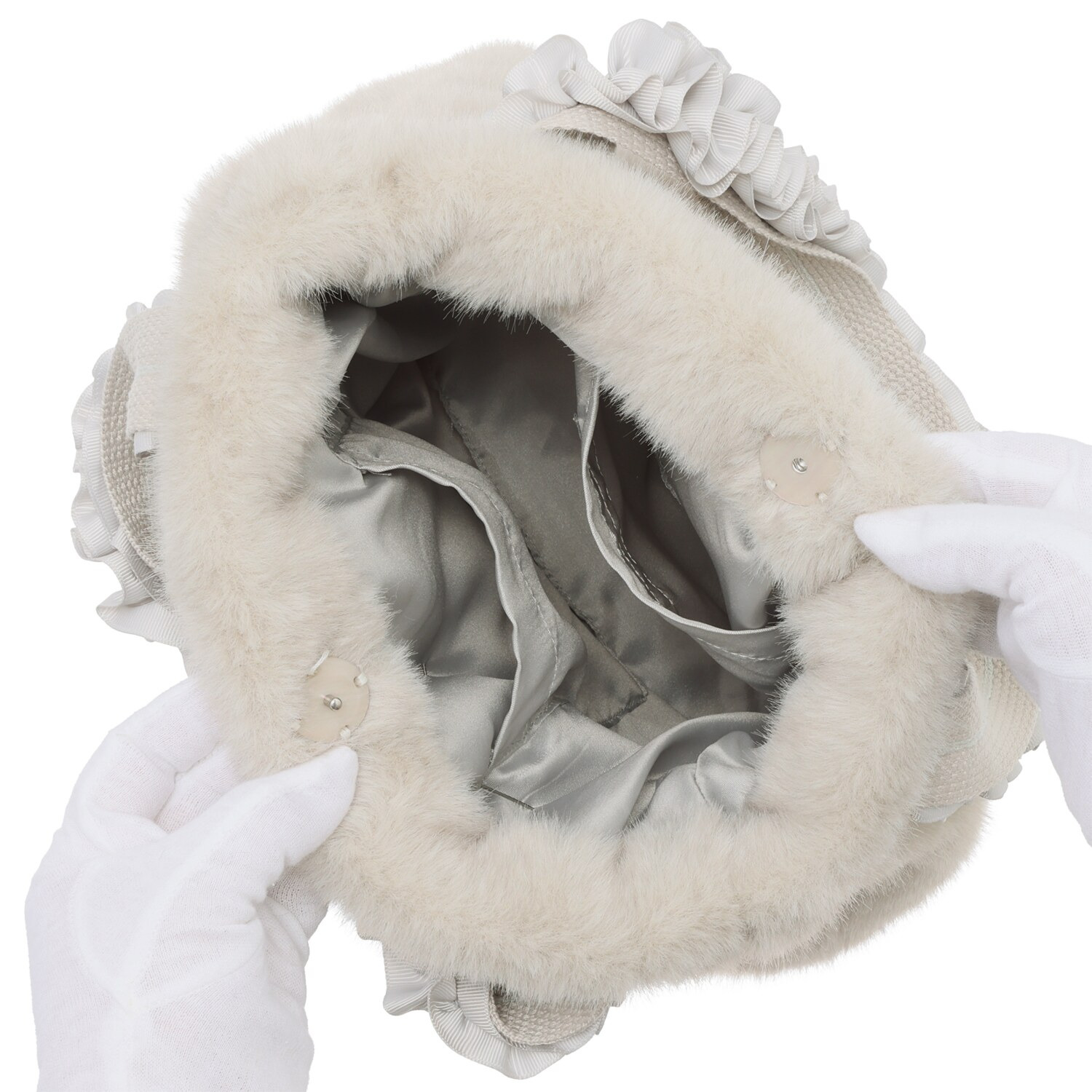 ティエドゥール キラキラブローチ付 ミンク調フェイクファー フリルハンドル トートバッグ