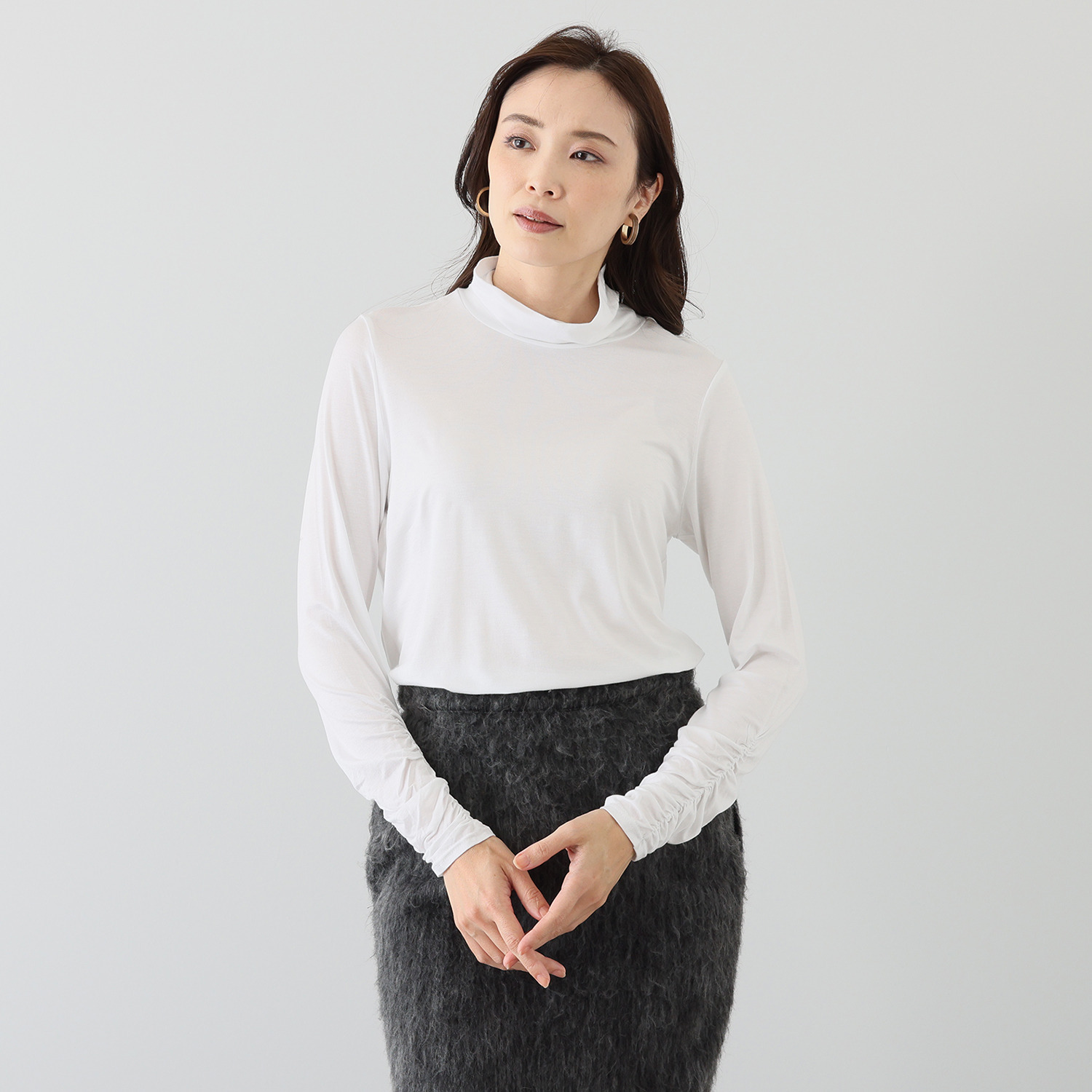 アンリック　オー　ブルー シルキーベア天竺 袖ギャザーアクセント ハイネックプルオーバー