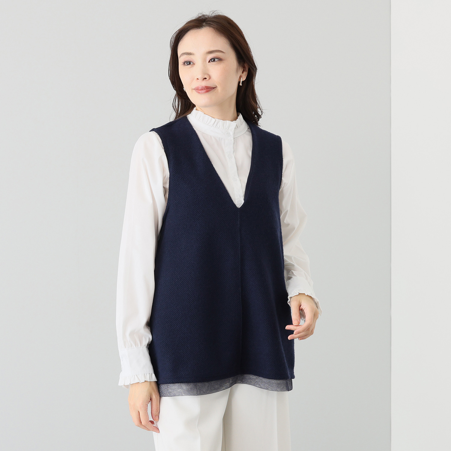 アンリック　オー　ブルー ウール混インレー ラメチュールアクセント チュニックジレ