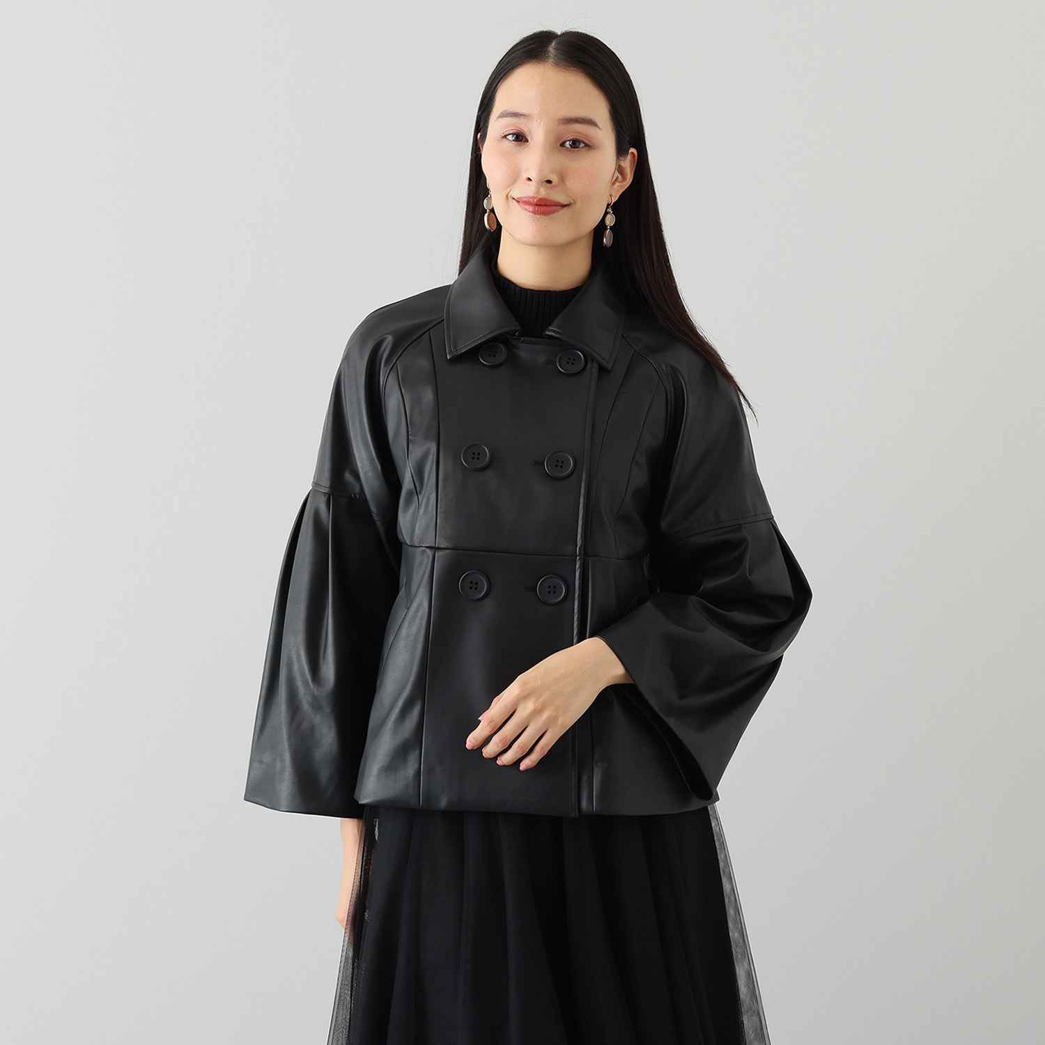 ブルーコレクション しなやかに！華やかに！ フェイクレザー ダブルブレスト ミドルジャケット