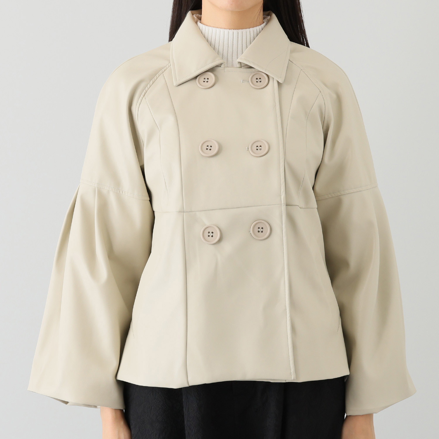 ブルーコレクション しなやかに！華やかに！ フェイクレザー ダブルブレスト ミドルジャケット