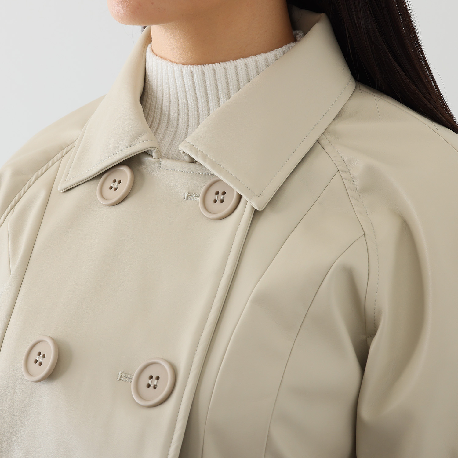 ブルーコレクション しなやかに！華やかに！ フェイクレザー ダブルブレスト ミドルジャケット