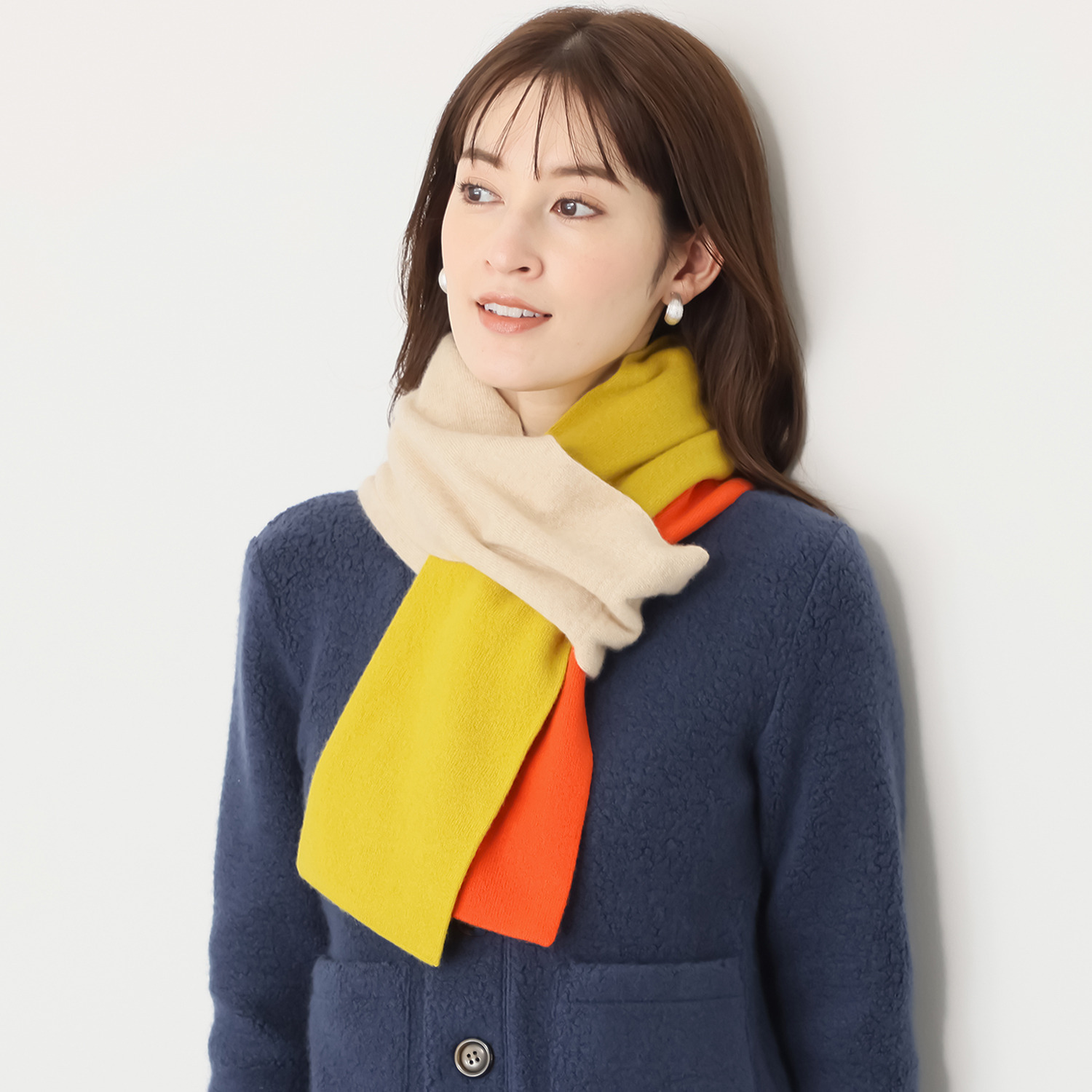 ＢＯＵＮＣＹ　ＢＯＮＤ 内モンゴル産 カシミヤ１００％ トリコロールデザイン ナローマフラー