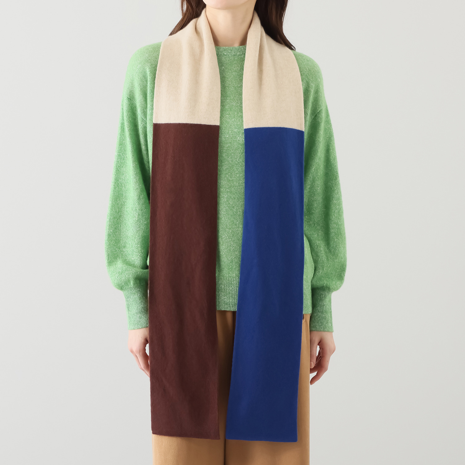 ＢＯＵＮＣＹ　ＢＯＮＤ 内モンゴル産 カシミヤ１００％ トリコロールデザイン ナローマフラー