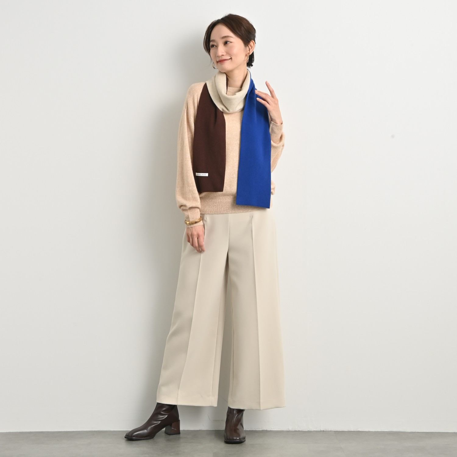 ＢＯＵＮＣＹ　ＢＯＮＤ 内モンゴル産 カシミヤ１００％ トリコロールデザイン ナローマフラー