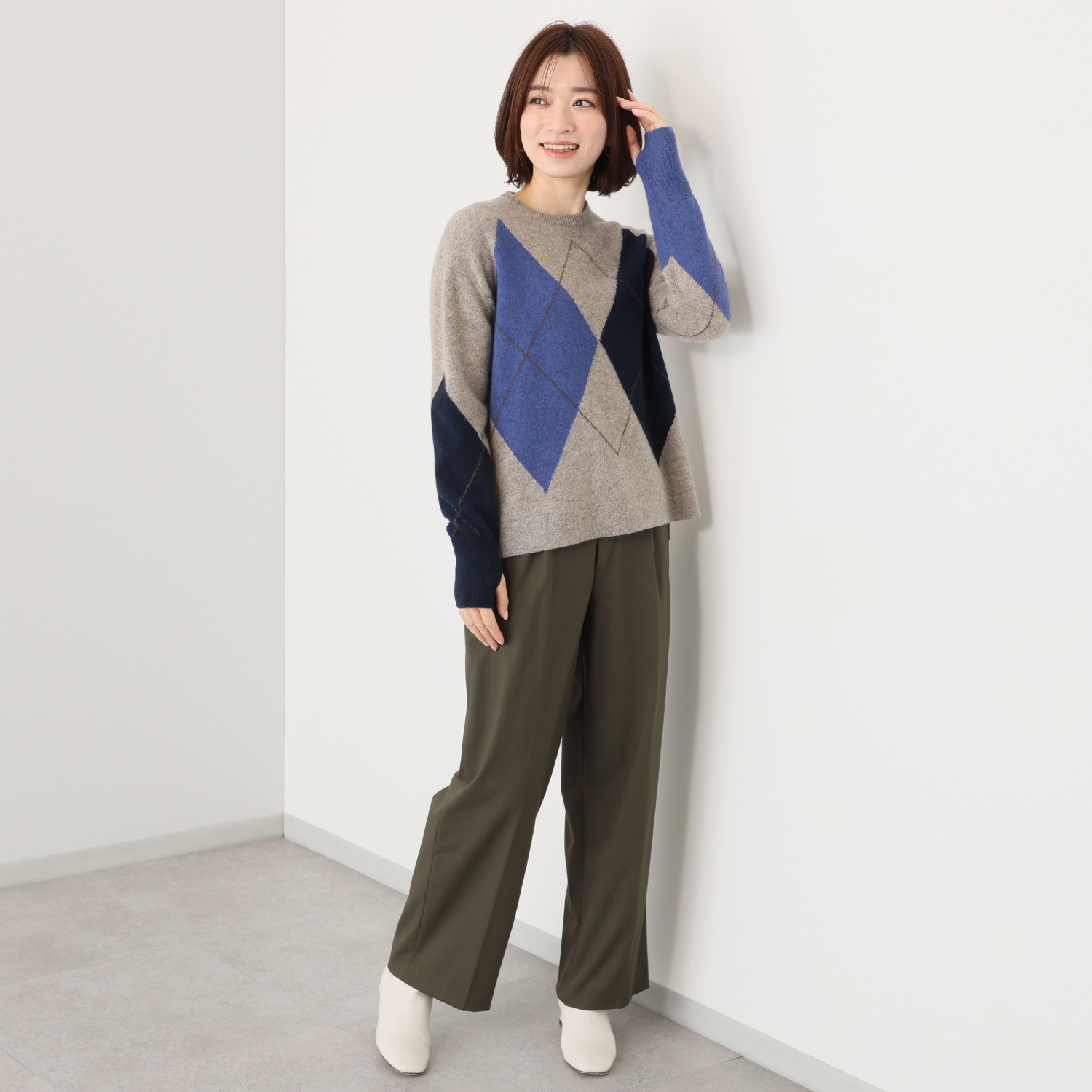 アズイズ　ビーマイセルフ バイ　ネイチャーズ モンゴルヤク サムホール付 アーガイル柄プルオーバー