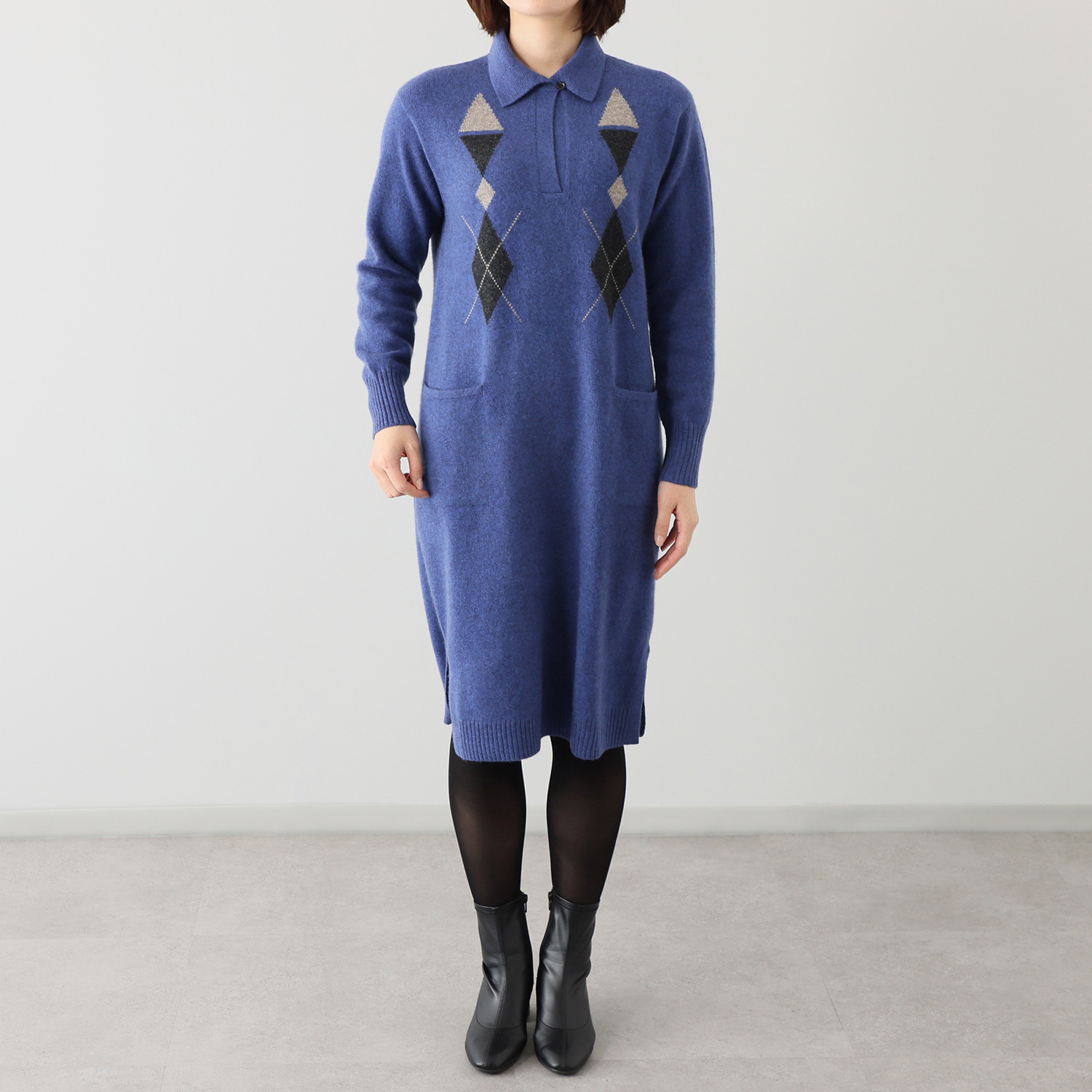 アズイズ　ビーマイセルフ バイ　ネイチャーズ モンゴルヤク インターシャ柄 襟付ワンピース