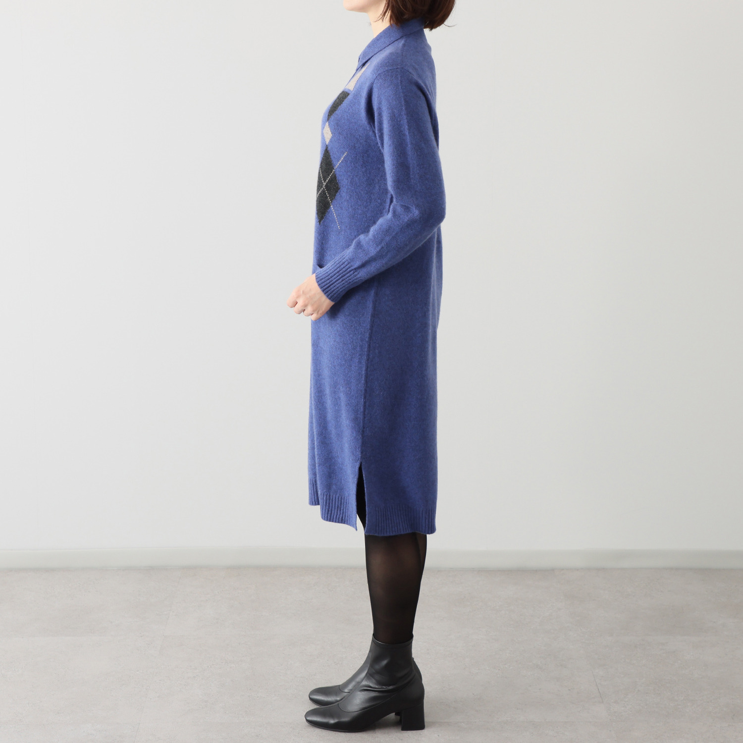 アズイズ　ビーマイセルフ バイ　ネイチャーズ モンゴルヤク インターシャ柄 襟付ワンピース