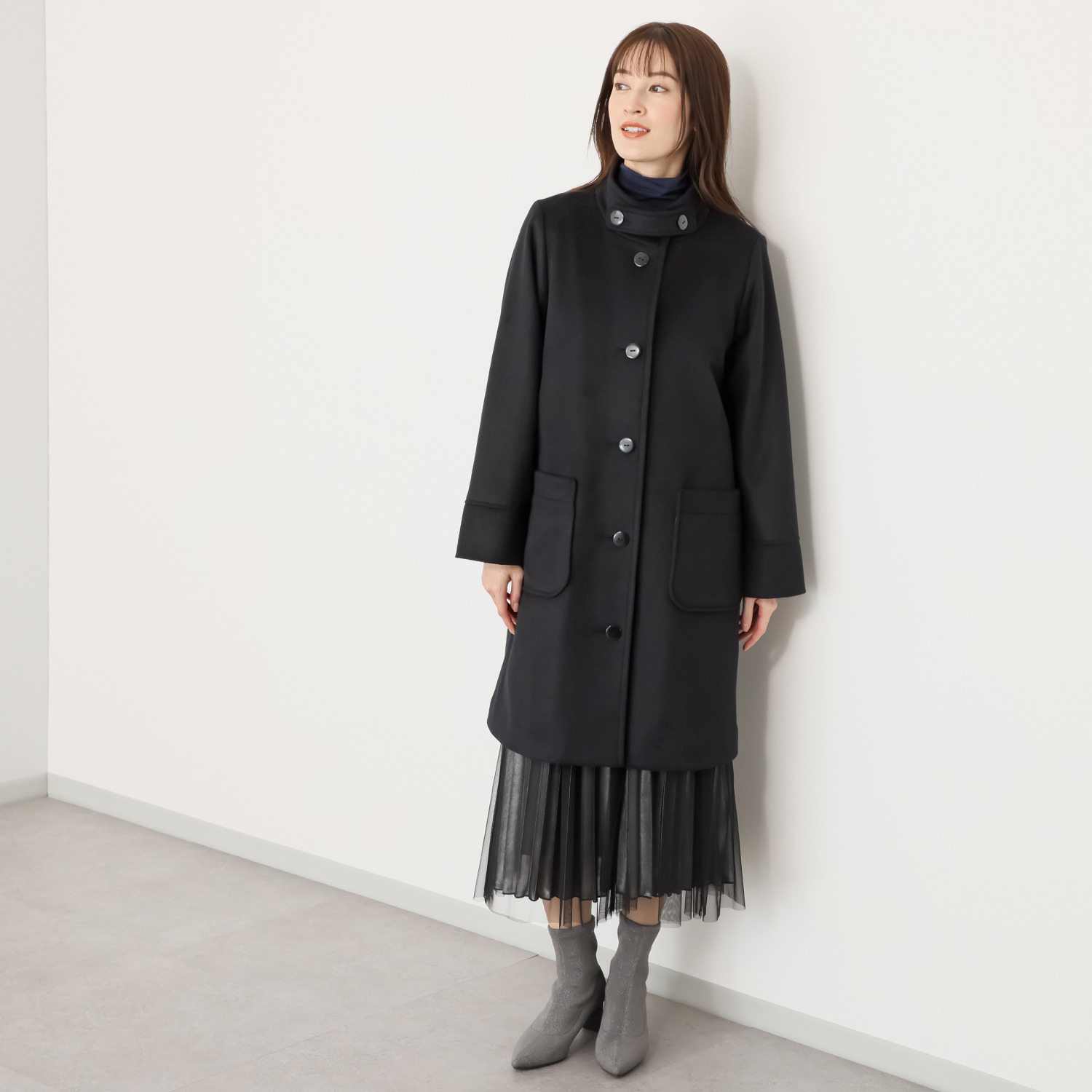 リサリサ ソフトビーバー調 ジャージー 身頃キルト裏仕立て スタンドカラー ロングコート