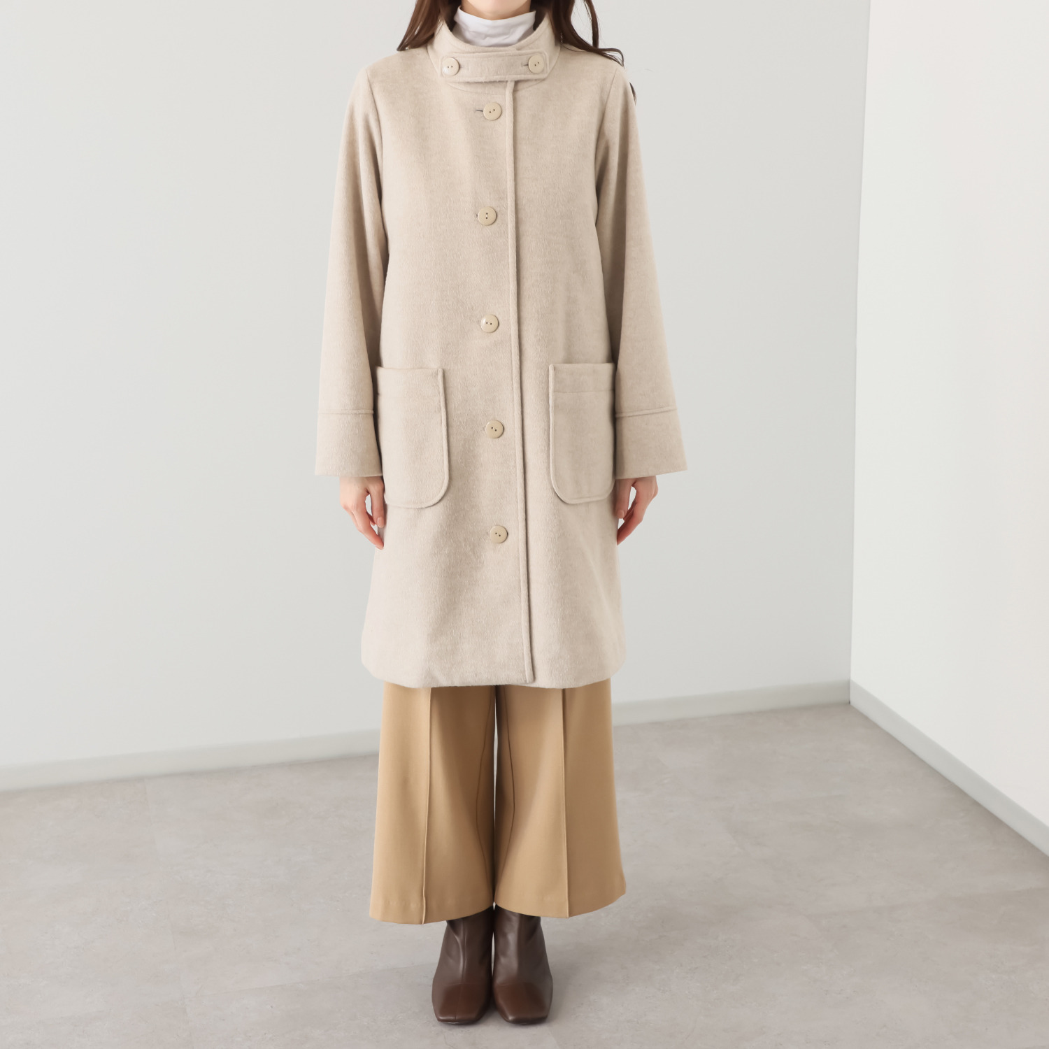 リサリサ ソフトビーバー調 ジャージー 身頃キルト裏仕立て スタンドカラー ロングコート