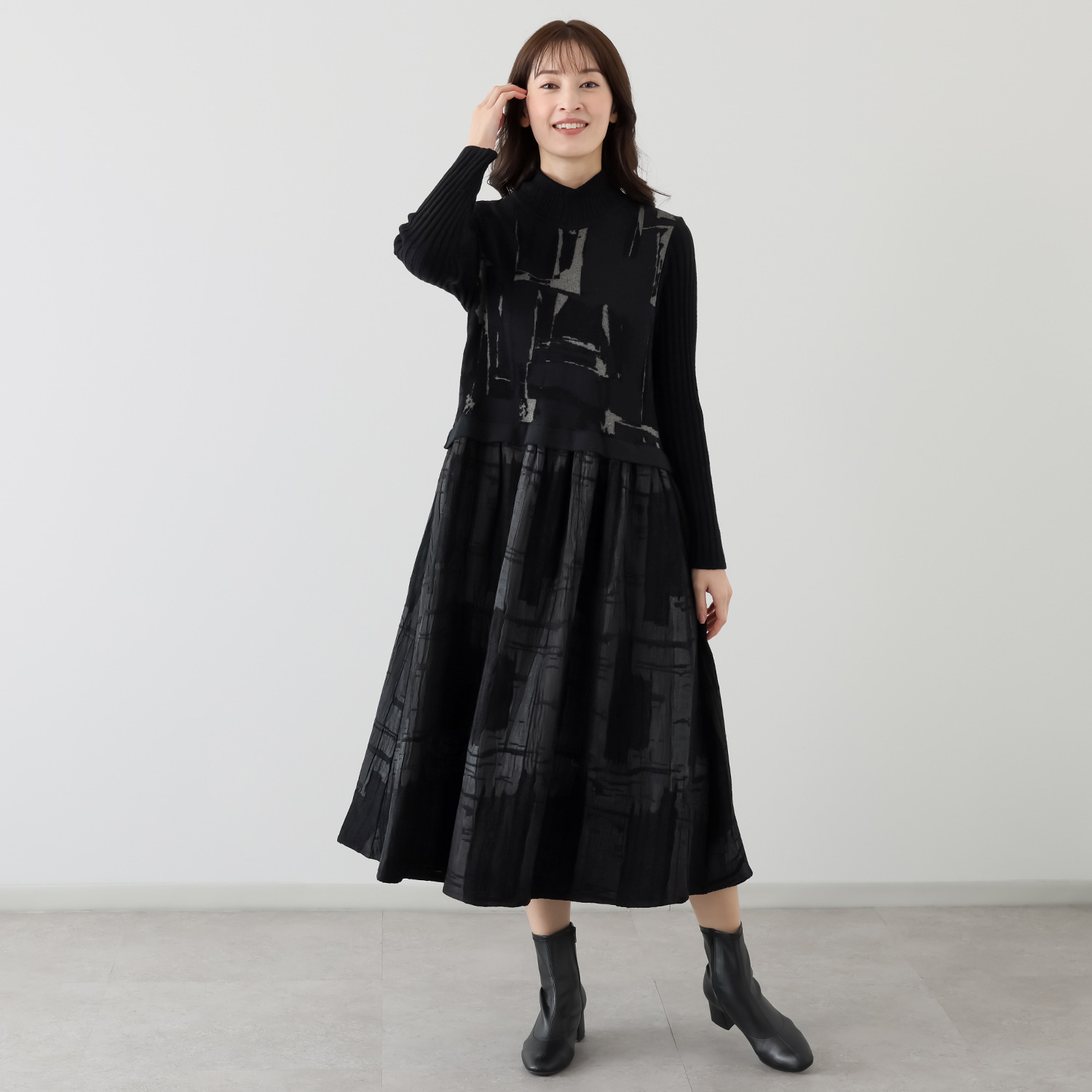 ヨシヨシ バイ　ピージェイ 異素材切替 上下切替 デザインワンピース