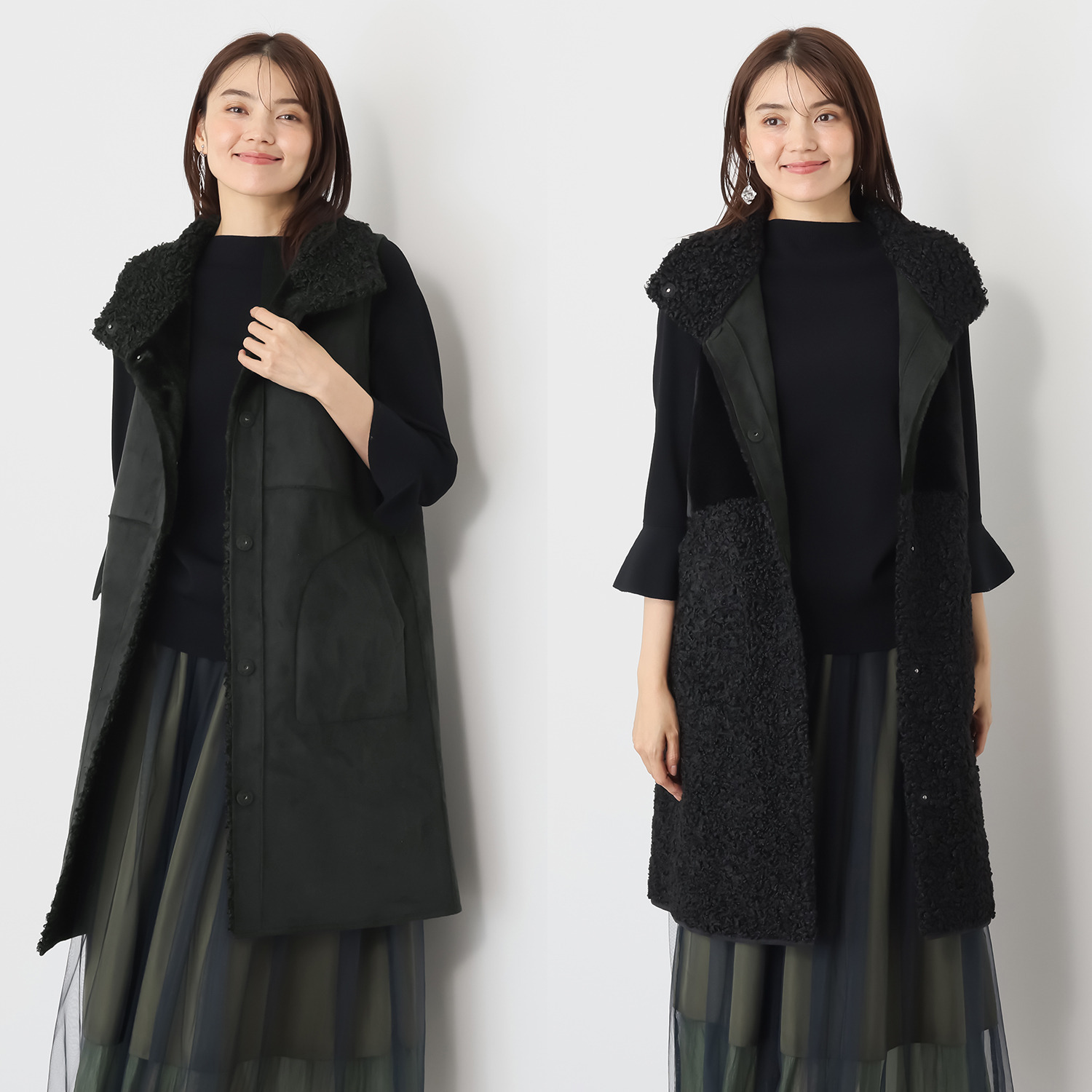 ゼラールスポーツ フェイクムートン リバーシブルで楽しめる ファー切替デザイン スタンドネックロングジレ