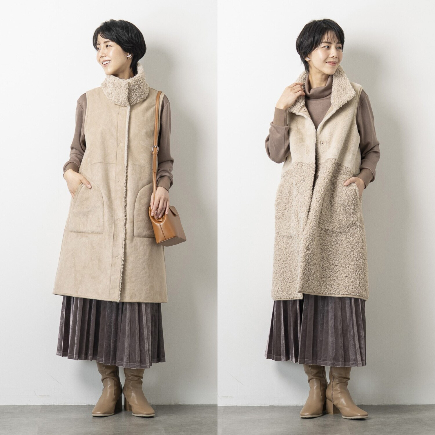 ゼラールスポーツ フェイクムートン リバーシブルで楽しめる ファー切替デザイン スタンドネックロングジレ