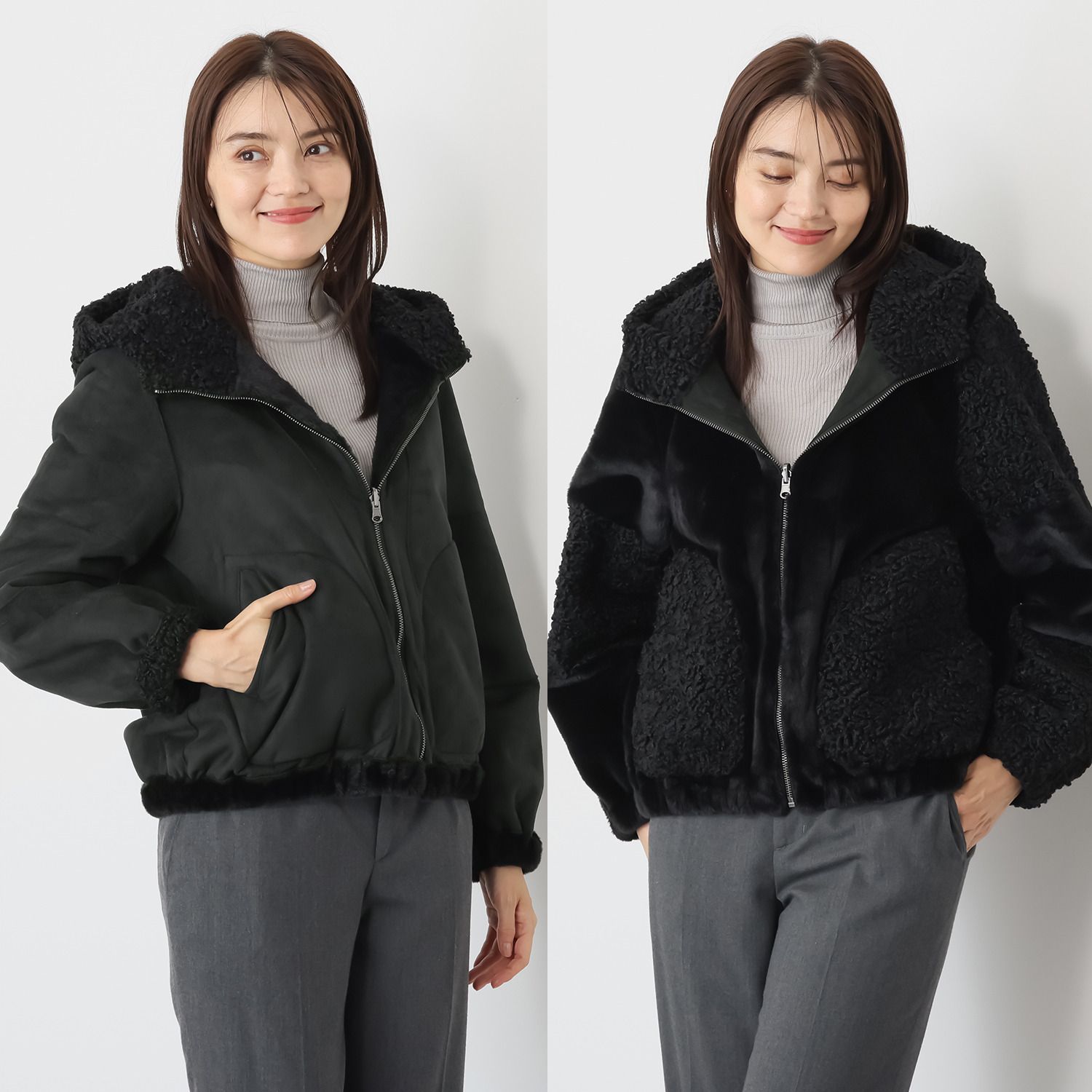 ゼラールスポーツ フェイクムートン リバーシブルで楽しめる ファー切替デザイン 裾ギャザー フーディーブルゾン