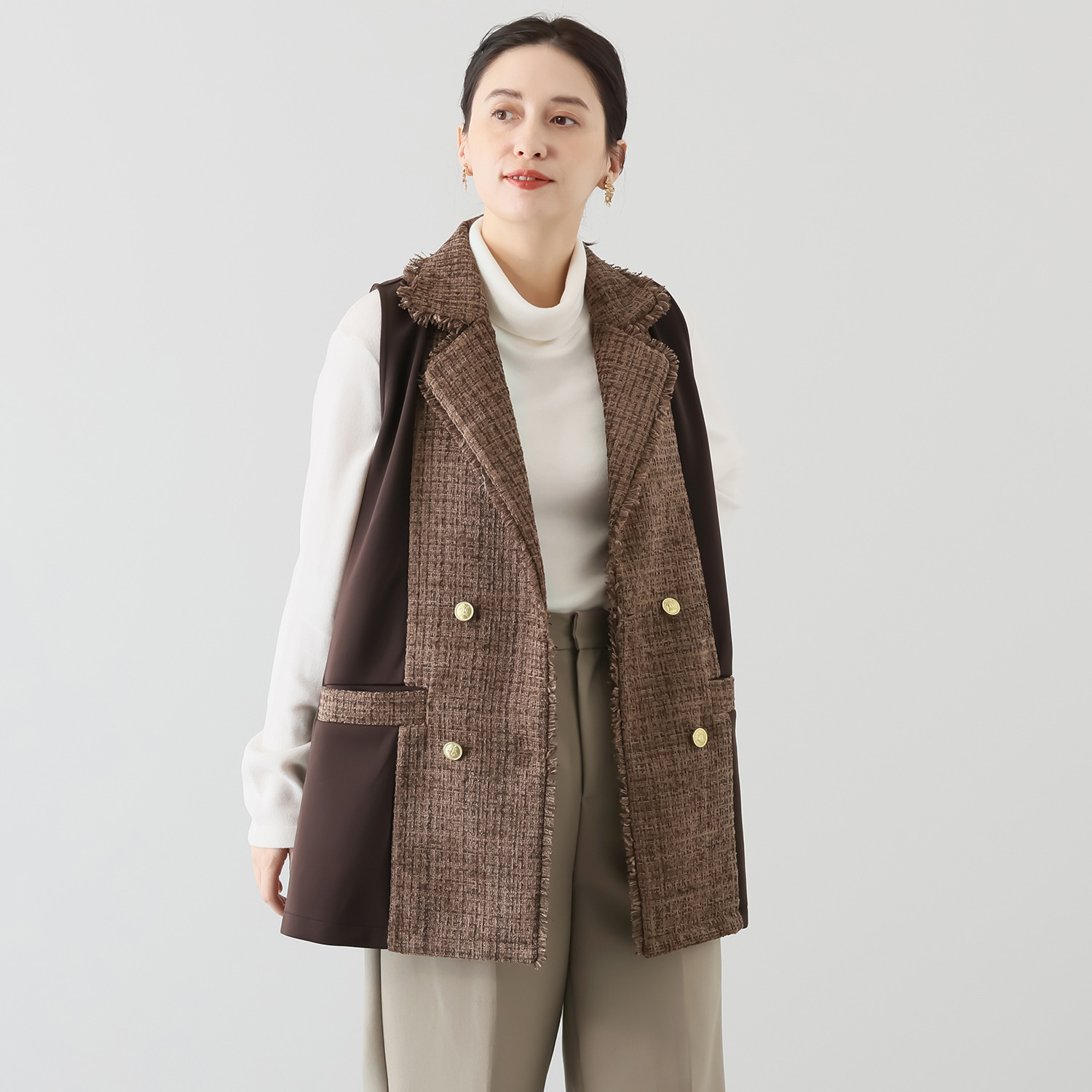 コースタルドライブ 共布ベルト付 ツイード切替 ジレベスト