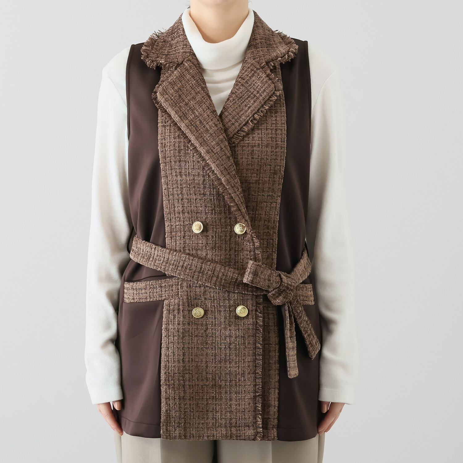 コースタルドライブ 共布ベルト付 ツイード切替 ジレベスト