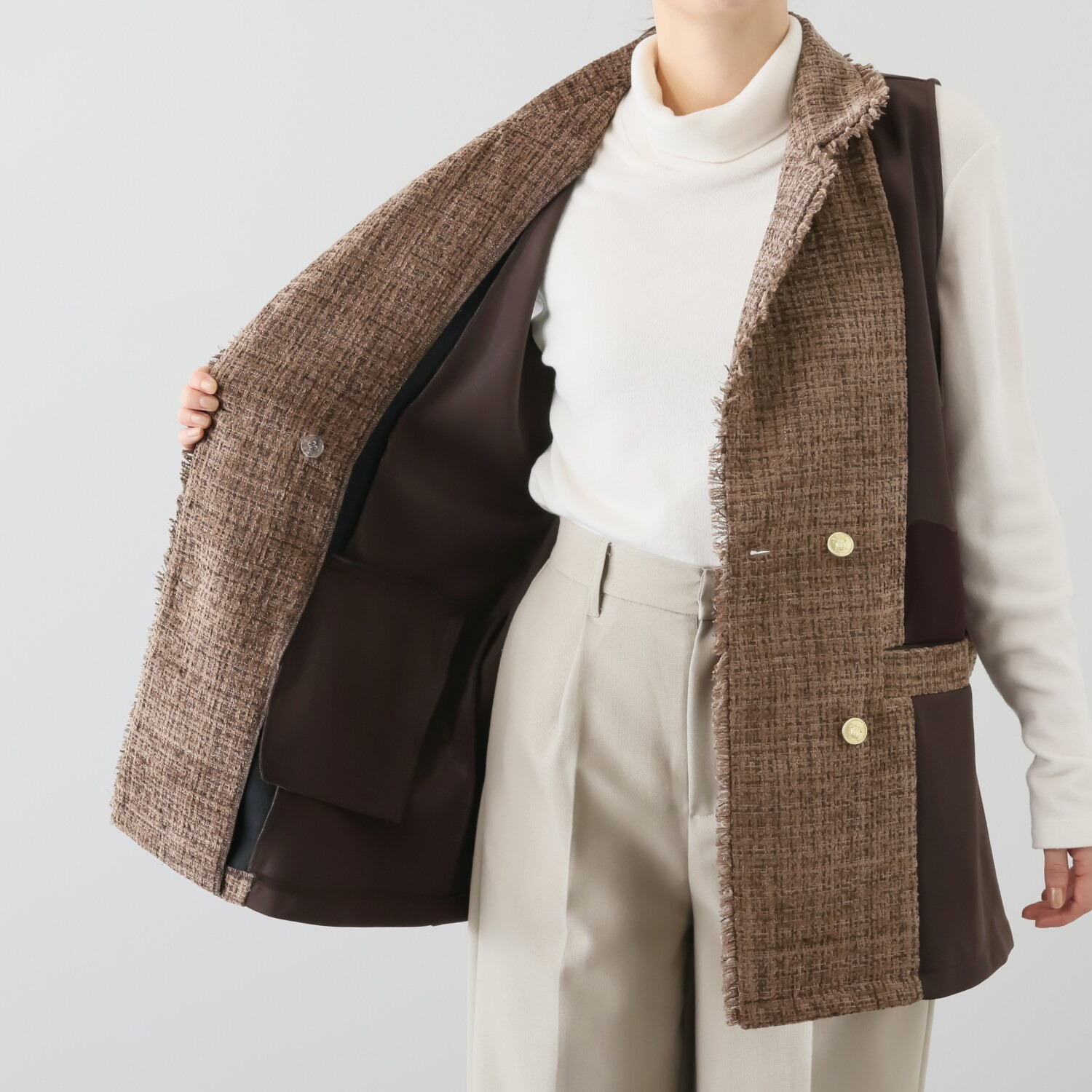 コースタルドライブ 共布ベルト付 ツイード切替 ジレベスト