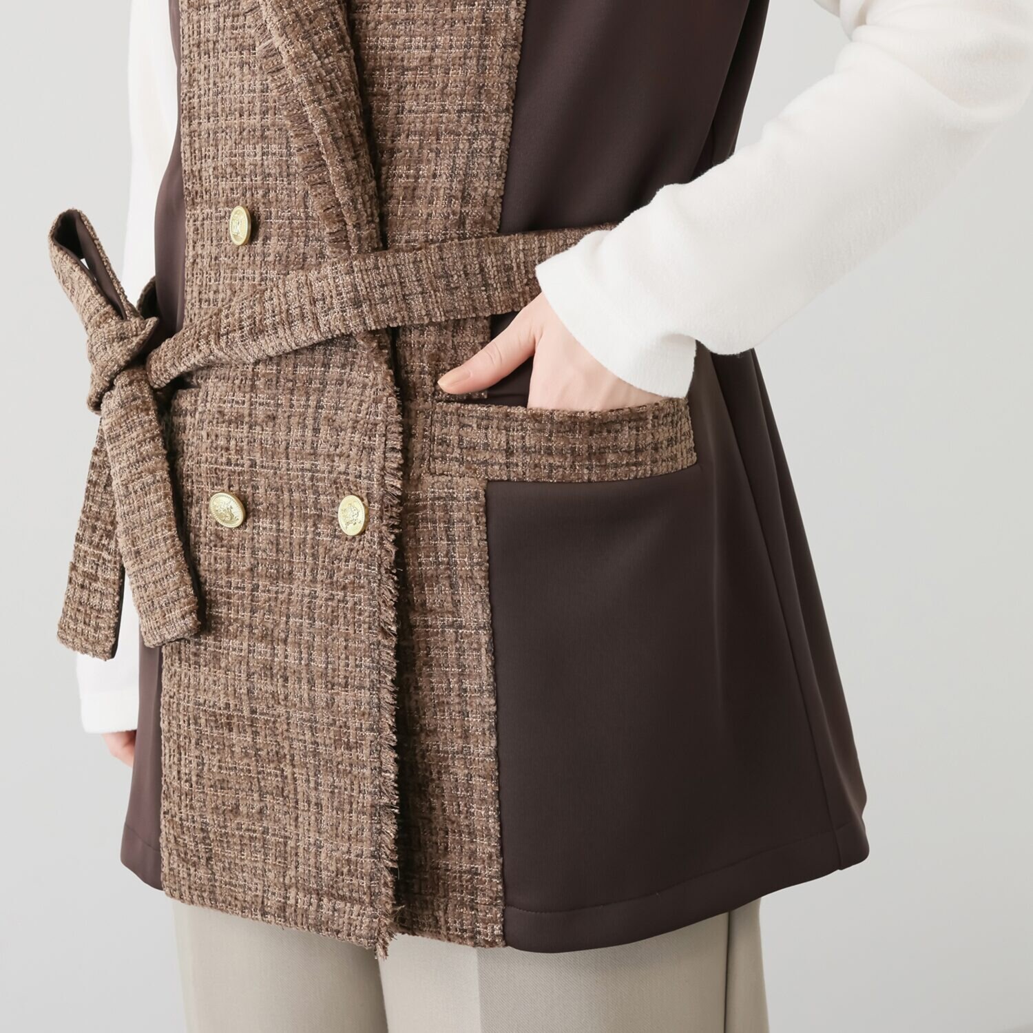 コースタルドライブ 共布ベルト付 ツイード切替 ジレベスト