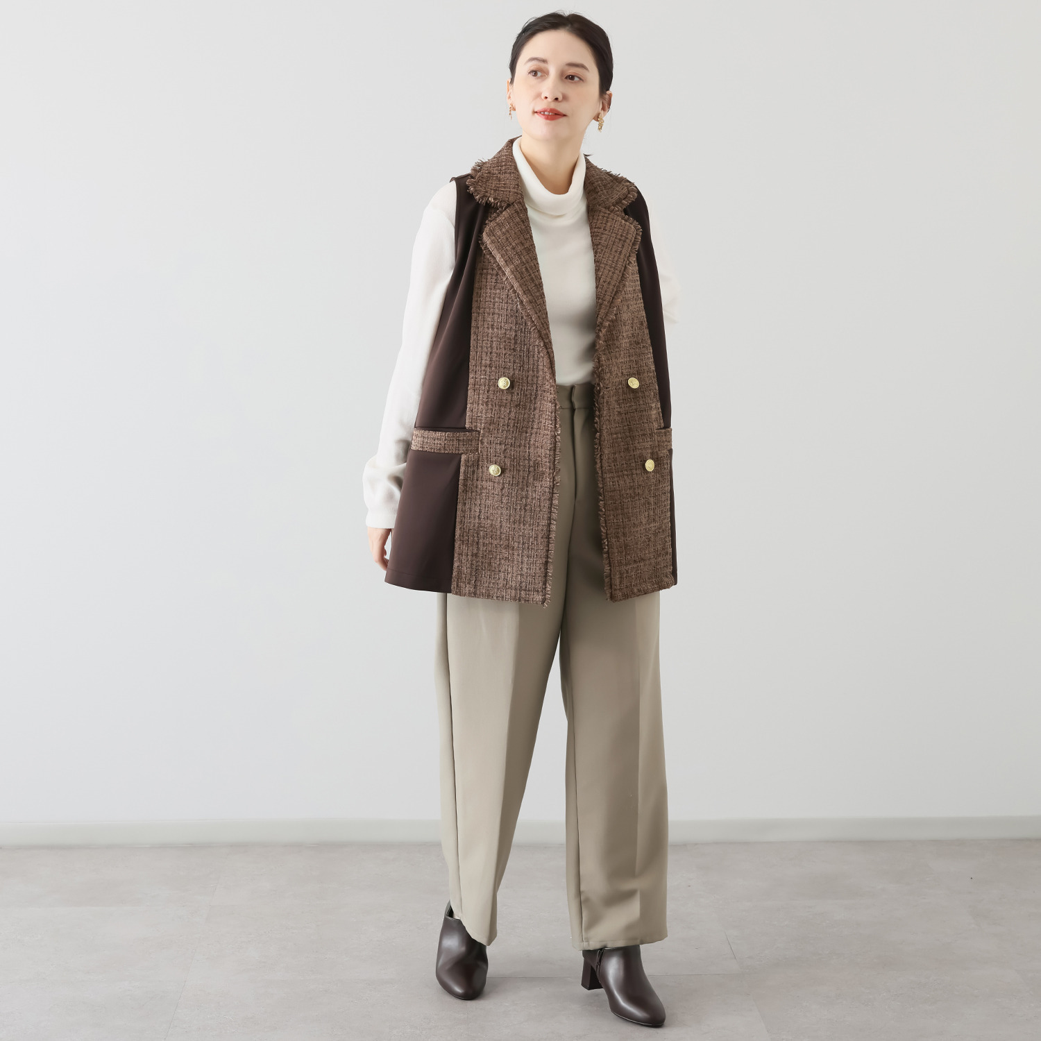 コースタルドライブ 共布ベルト付 ツイード切替 ジレベスト