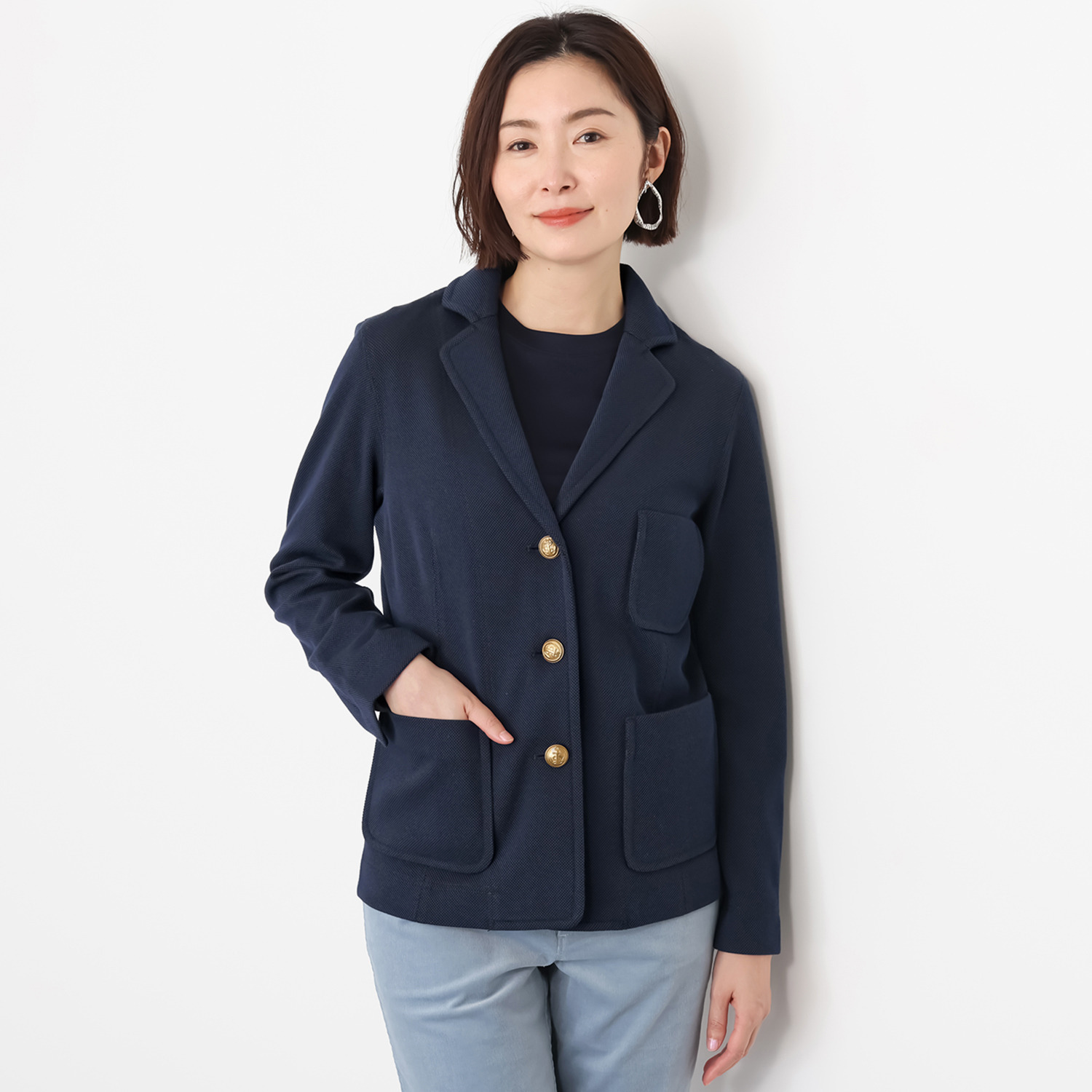 モカサン　ジュンコシマダ 綿混 ストレッチジャージー 金色ボタンブレザー