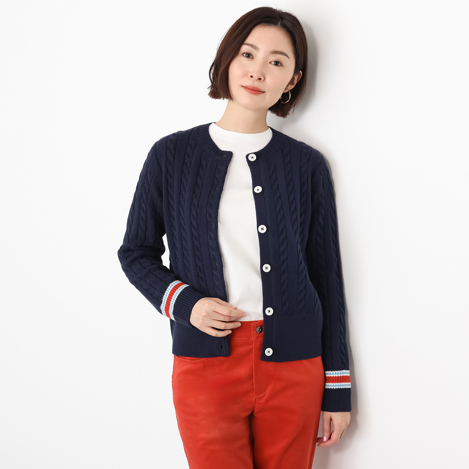 モカサン　ジュンコシマダ ケーブル編 ポイント配色 ニットカーディガン