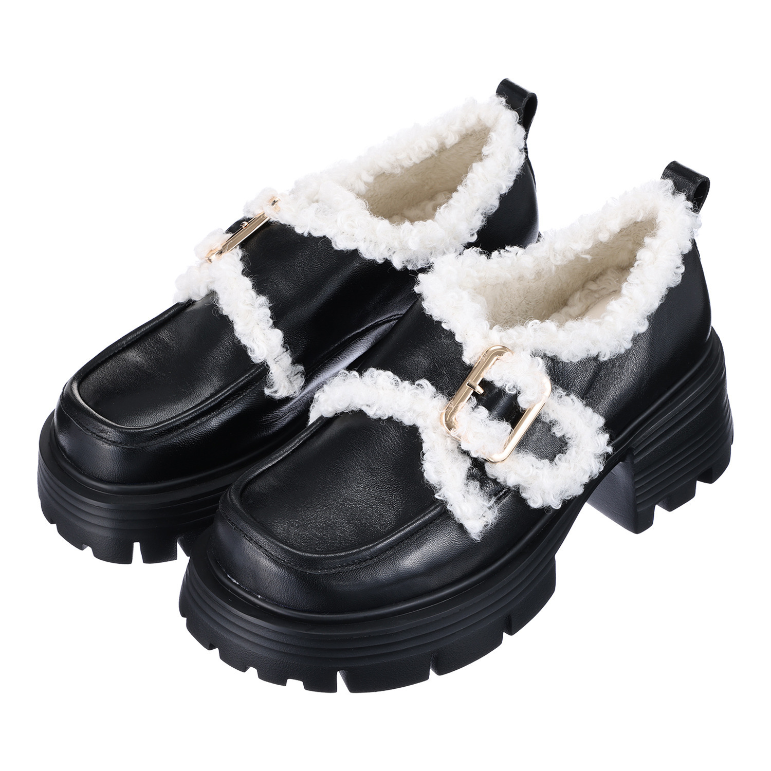 ニカル 本革 カーリーフェイクファー アクセント ベルトシューズ