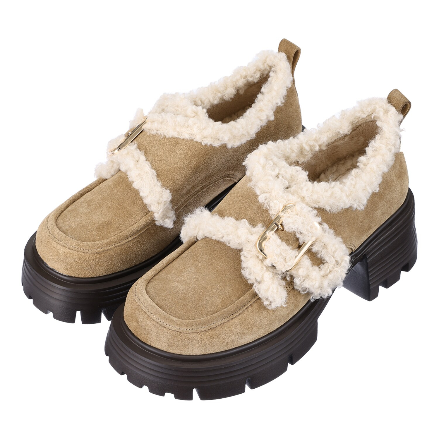 ニカル 本革 カーリーフェイクファー アクセント ベルトシューズ