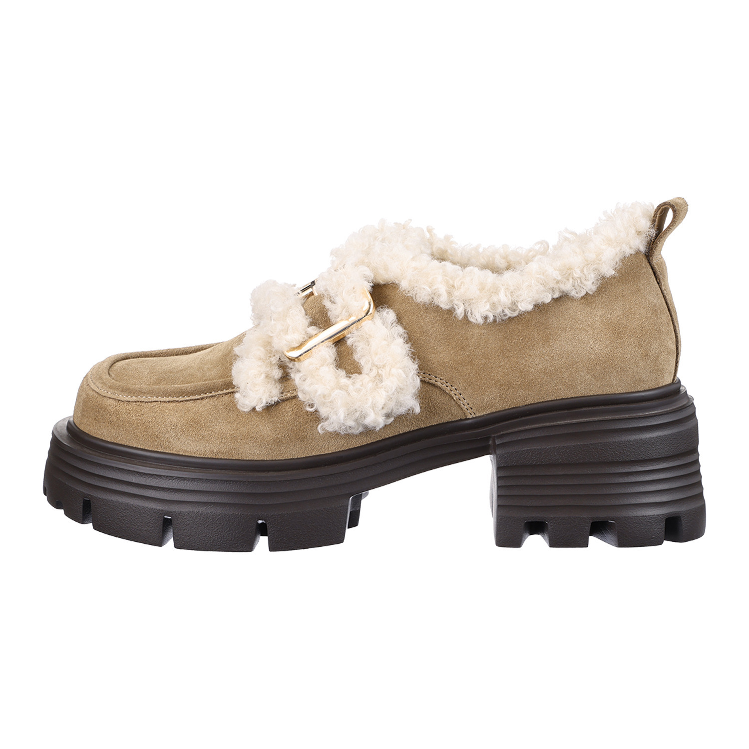 ニカル 本革 カーリーフェイクファー アクセント ベルトシューズ