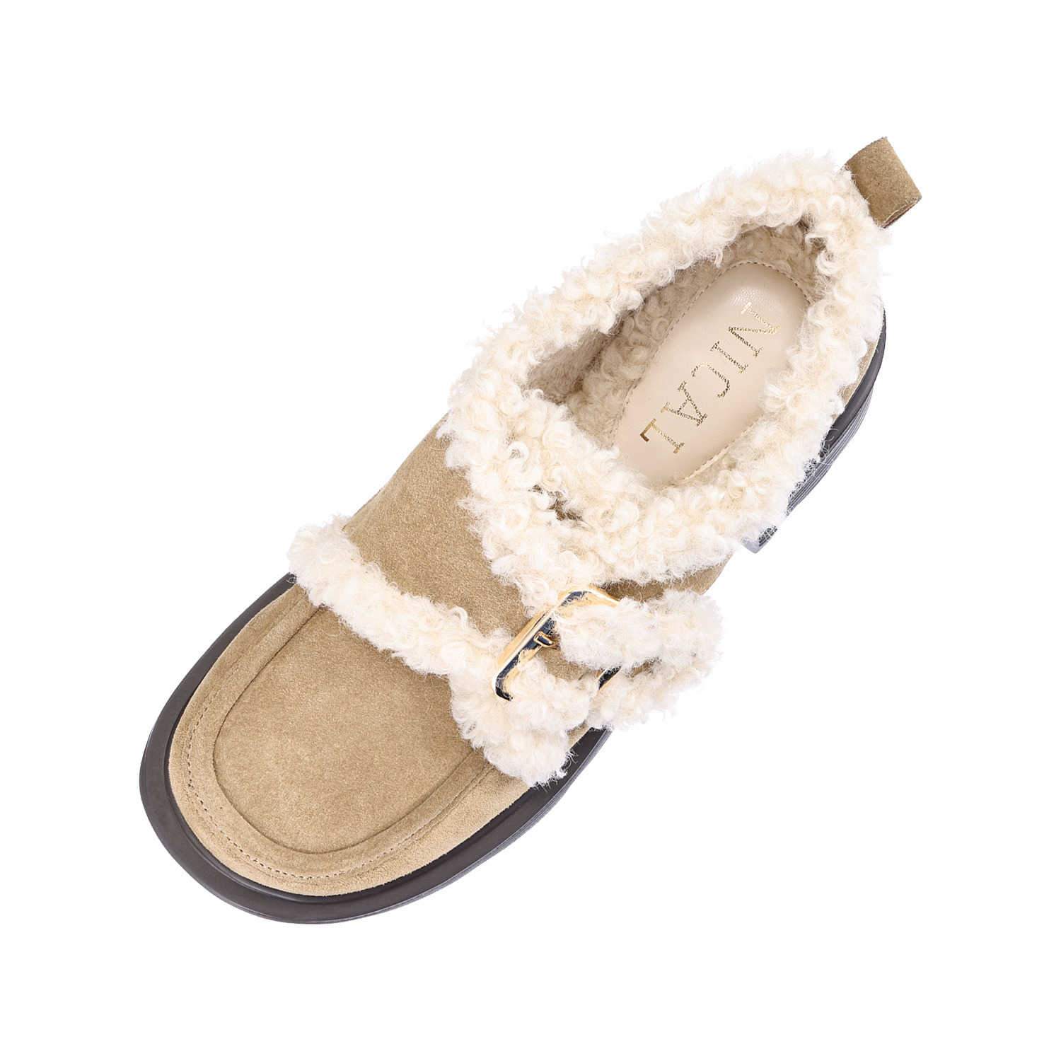 ニカル 本革 カーリーフェイクファー アクセント ベルトシューズ