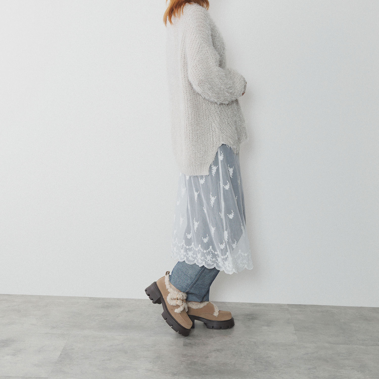 ニカル 本革 カーリーフェイクファー アクセント ベルトシューズ