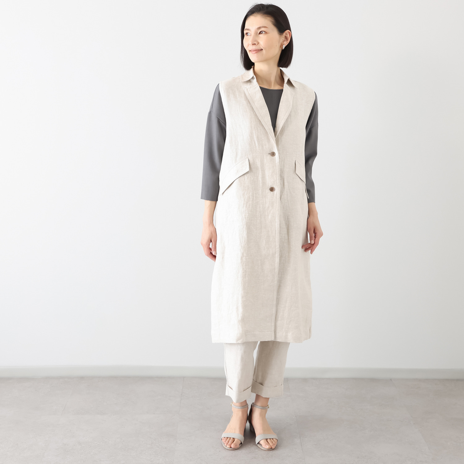 レア　ジェム リネンツイルで 優雅にまとう デザインロングベスト