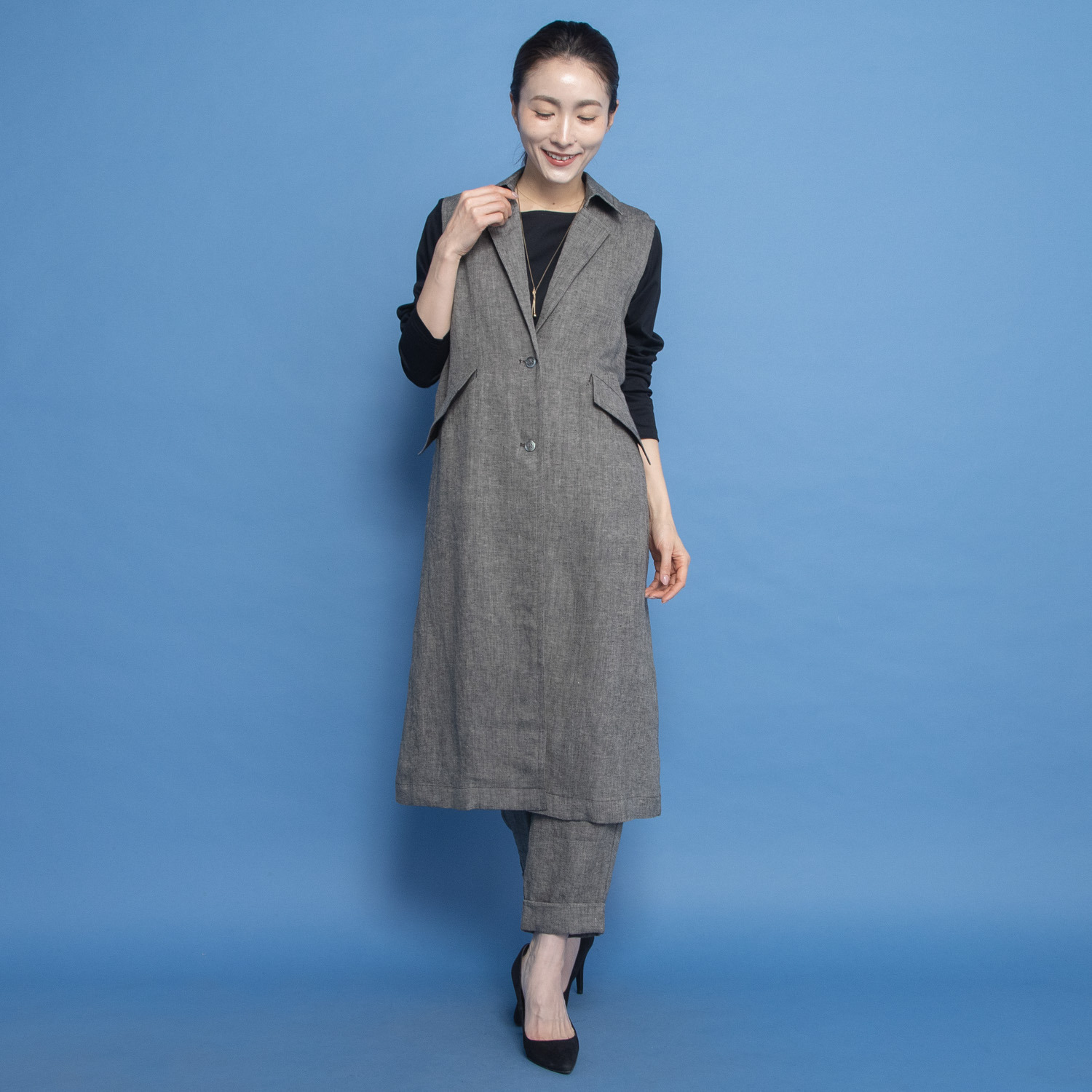 レア　ジェム リネンツイルで 優雅にまとう デザインロングベスト