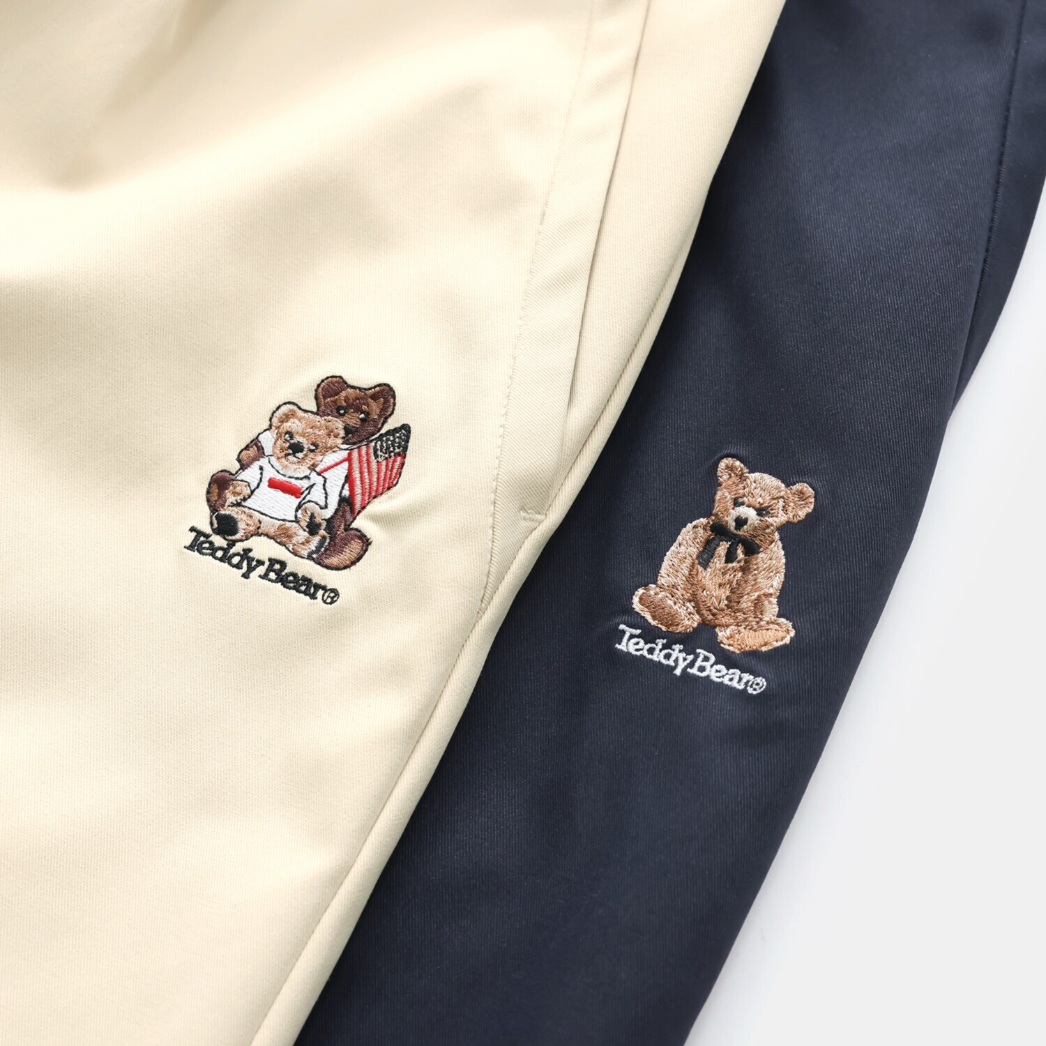 テディベア ワンポイントアクセント テディベア刺しゅう タックパンツ