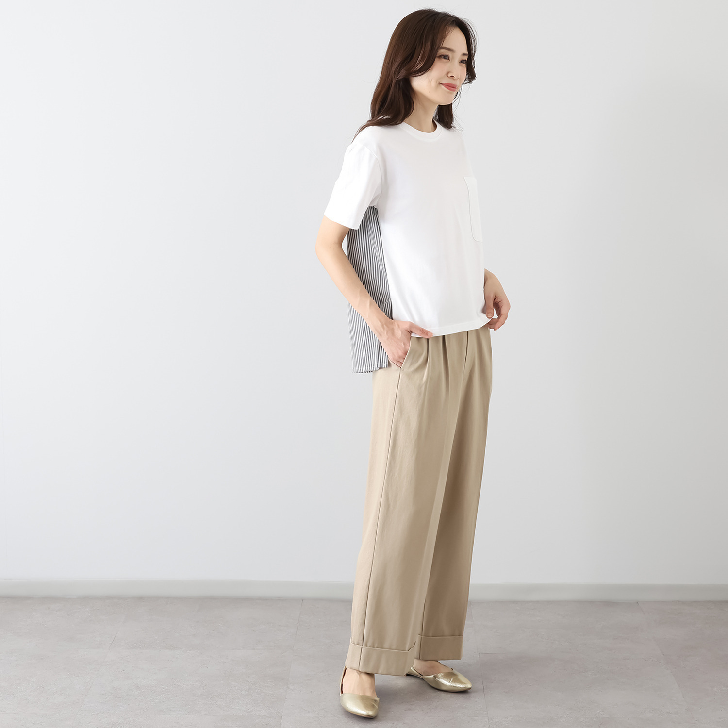 シャビージェンティール 裾ダブルデザイン タックパンツ