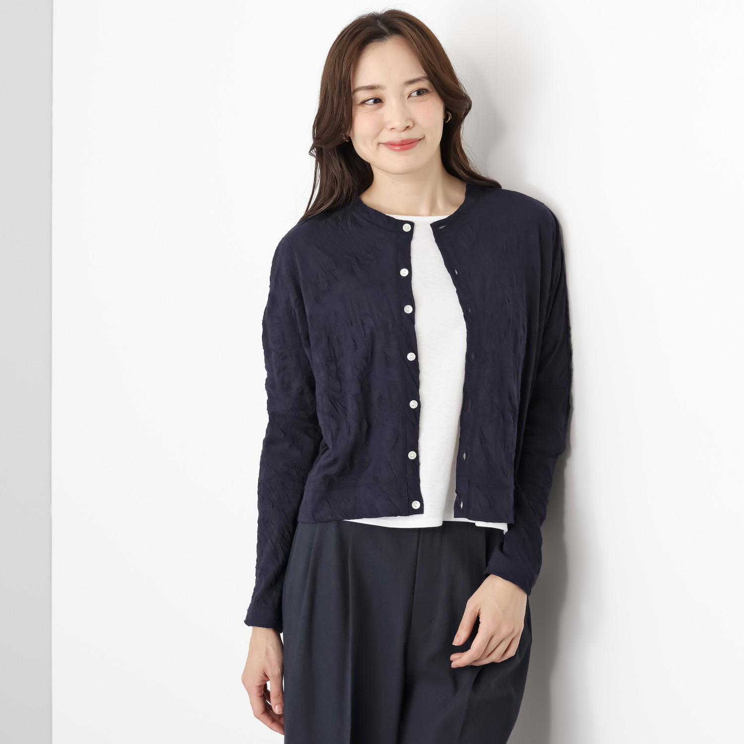 シャビージェンティール ワッシャー素材 ドロップショルダー クルーネックカーディガン