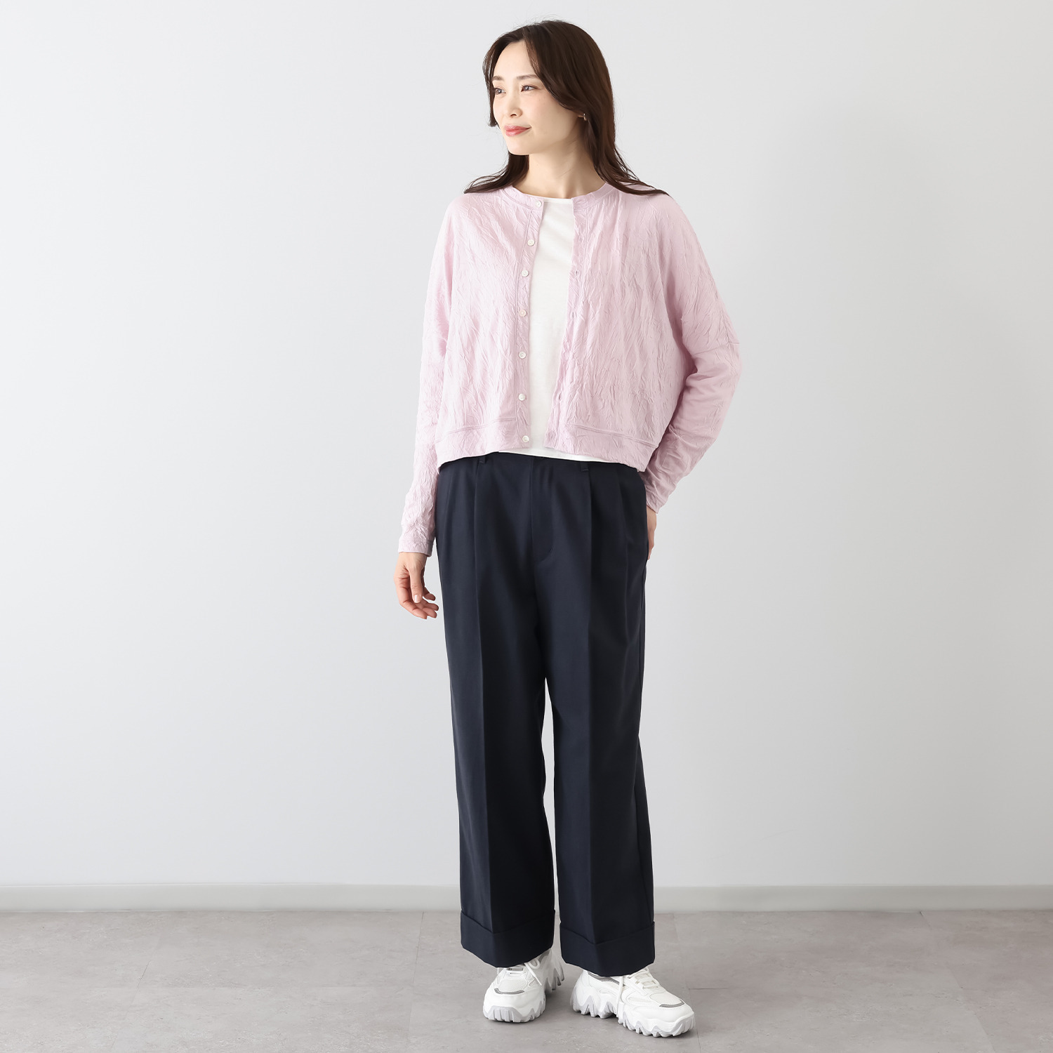 シャビージェンティール ワッシャー素材 ドロップショルダー クルーネックカーディガン