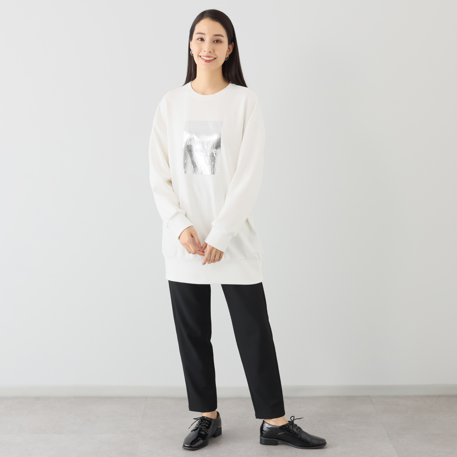 イシカワラボ★ヒトミ 裏起毛ソフトジャージー 箔プリントデザイン チュニックプルオーバー