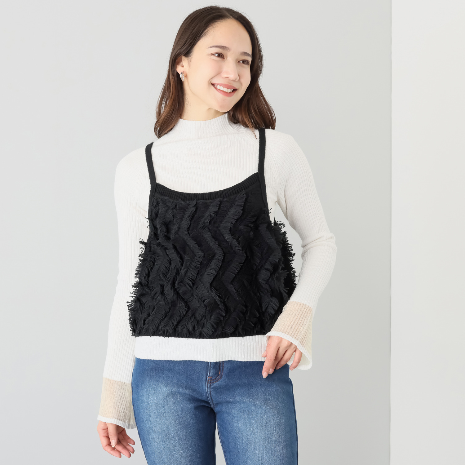 イシカワラボ★ヒトミ 前後着用できて ジレにもなる ジグザグフリンジ ニットキャミソール