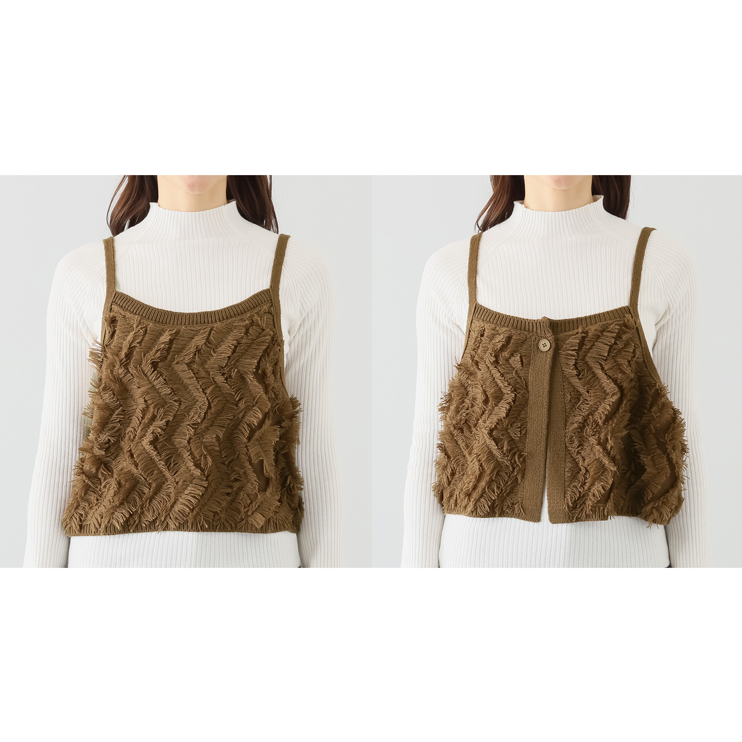 イシカワラボ★ヒトミ 前後着用できて ジレにもなる ジグザグフリンジ ニットキャミソール