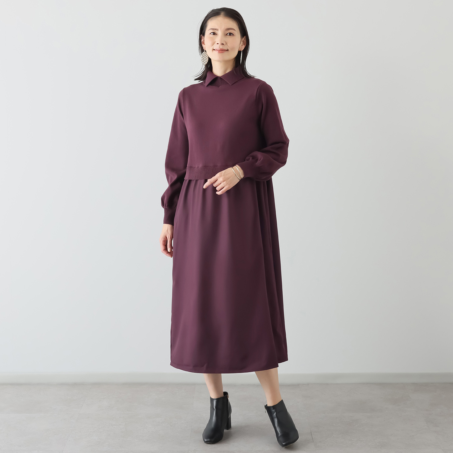 スピンブルー 贅沢な超長綿ブレンド！ ニット×ジョーゼット レイヤード風 ロングワンピース