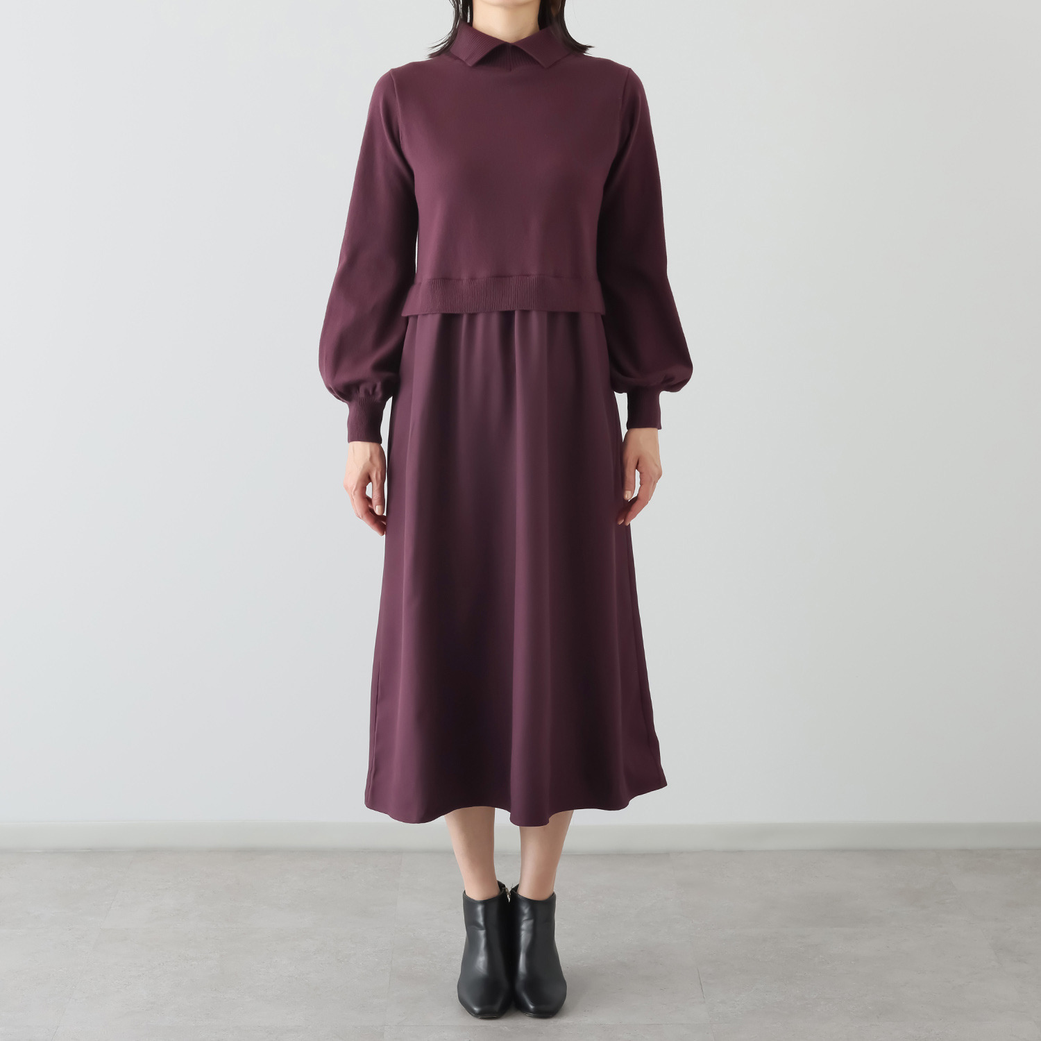 スピンブルー 贅沢な超長綿ブレンド！ ニット×ジョーゼット レイヤード風 ロングワンピース