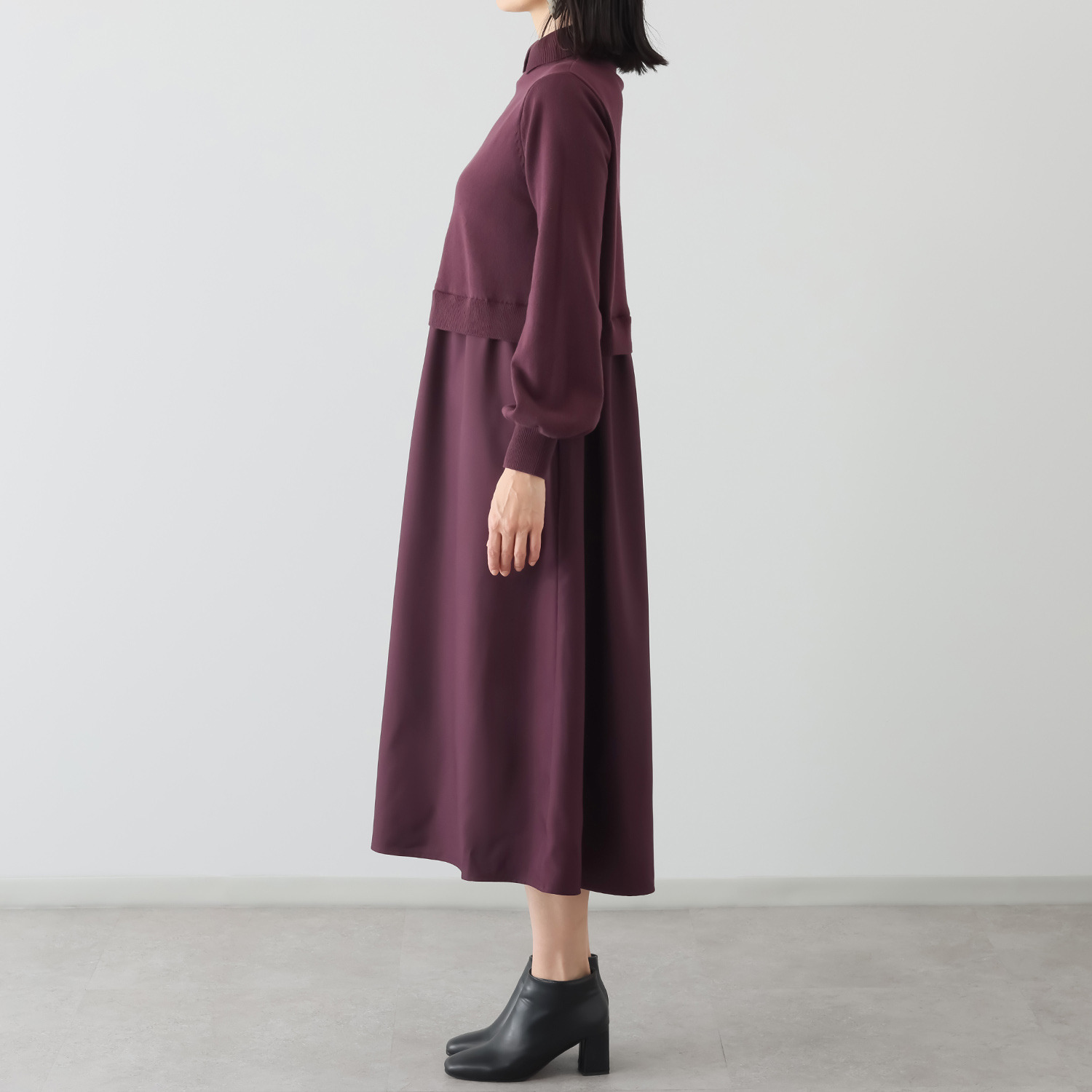 スピンブルー 贅沢な超長綿ブレンド！ ニット×ジョーゼット レイヤード風 ロングワンピース